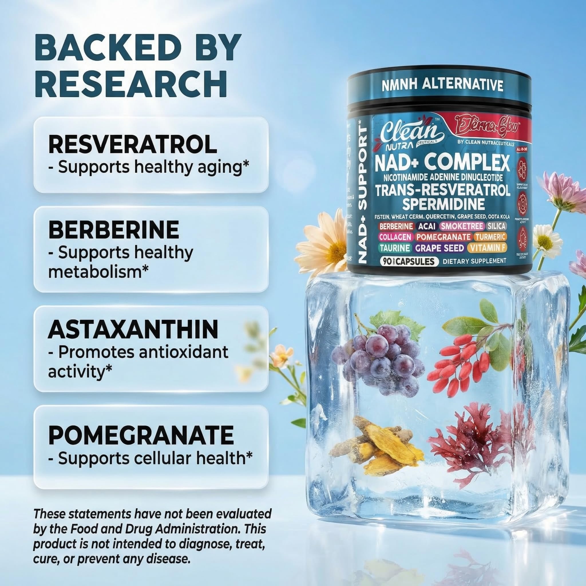 Clean Nutraceuticals EternaGlow muestras de ingredientes en polvo y plantas