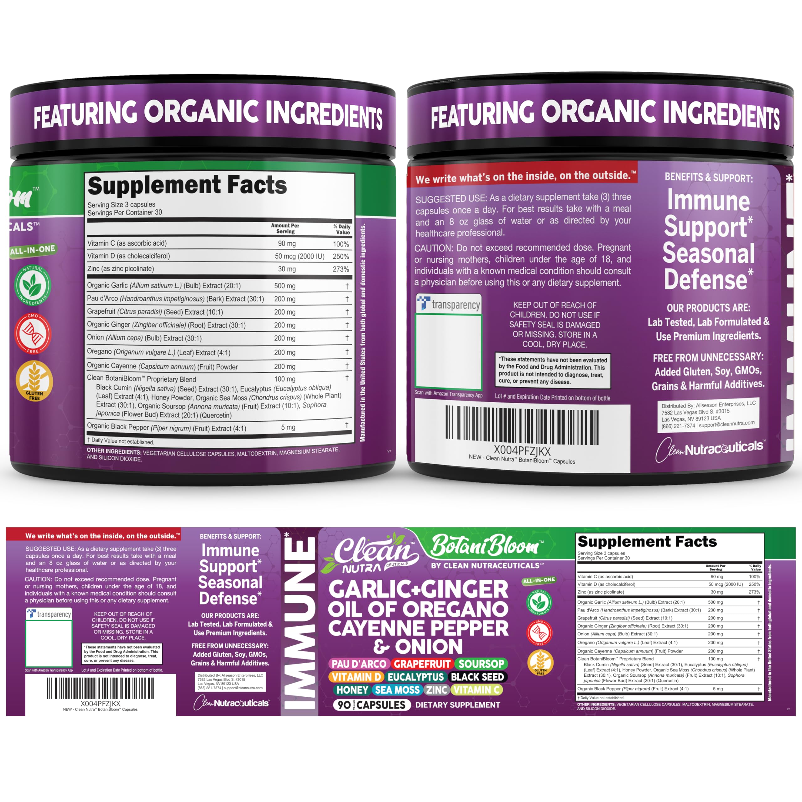 Etiqueta nutricional Clean Nutraceuticals mostrando ingredientes y pruebas