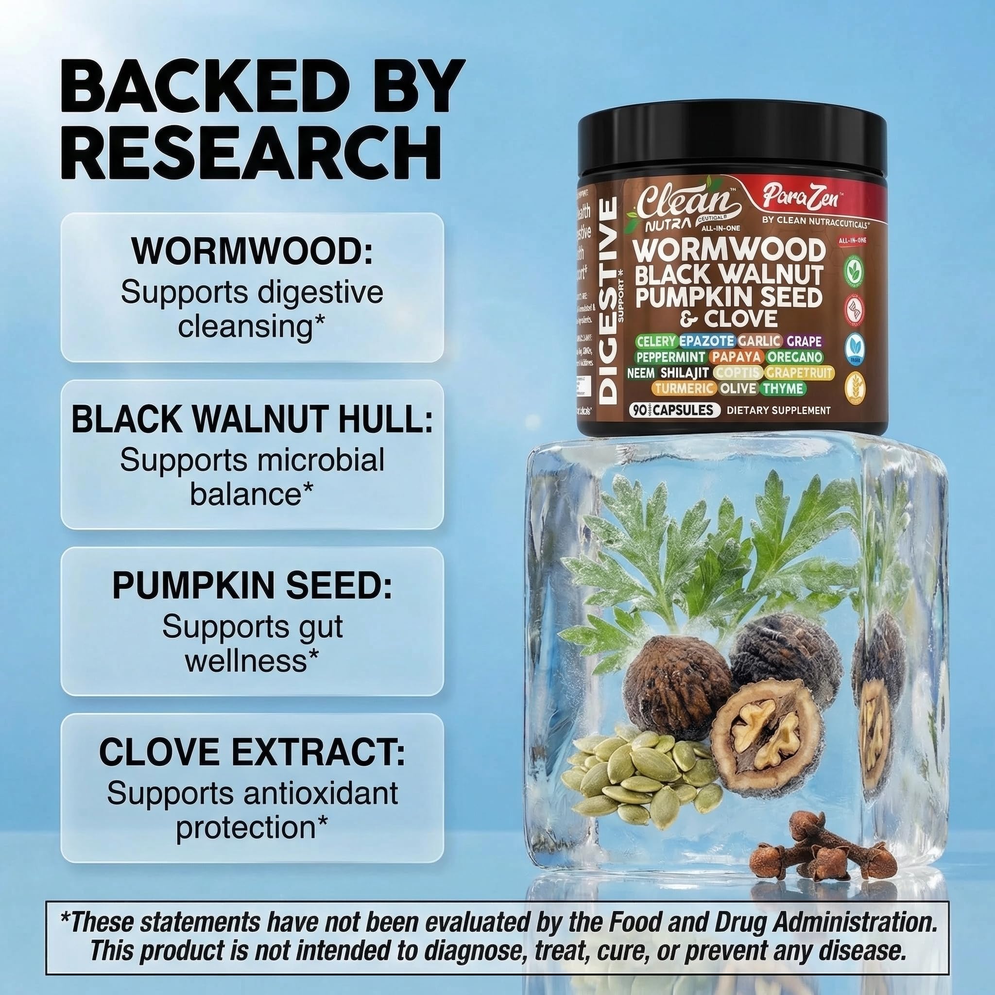 Clean Nutraceuticals etiqueta con lista de ingredientes y dosificación visible