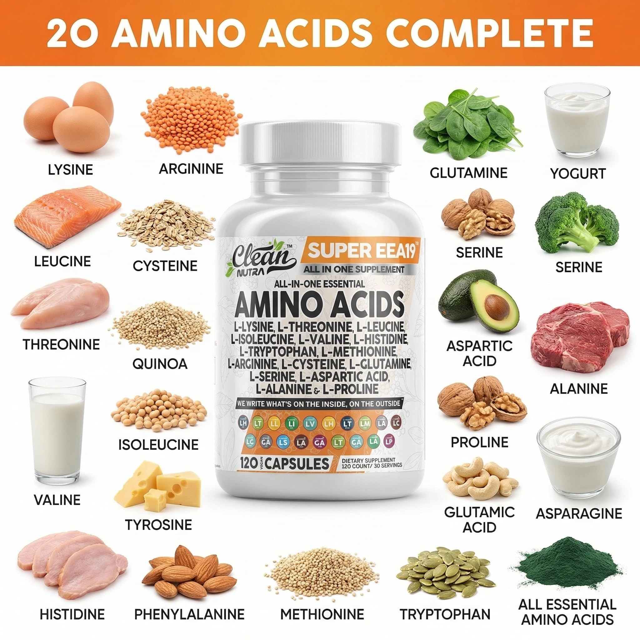 Clean Nutraceuticals etiqueta de ingredientes destacando aminoácidos clave