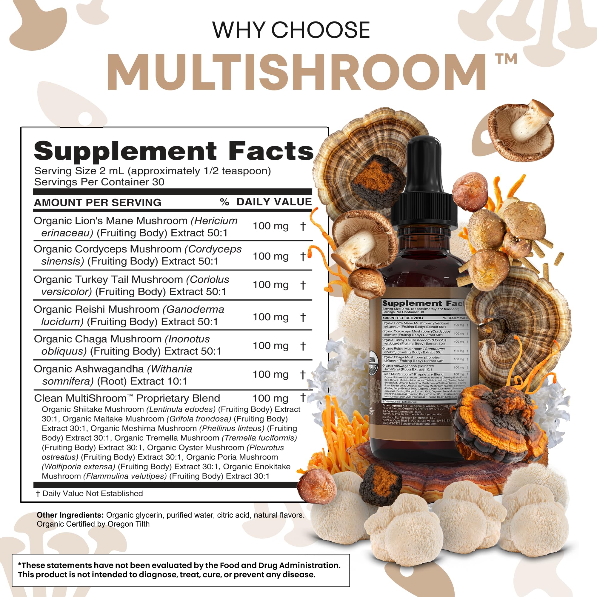 Clean Nutraceuticals etiqueta con lista de setas y beneficios informativos