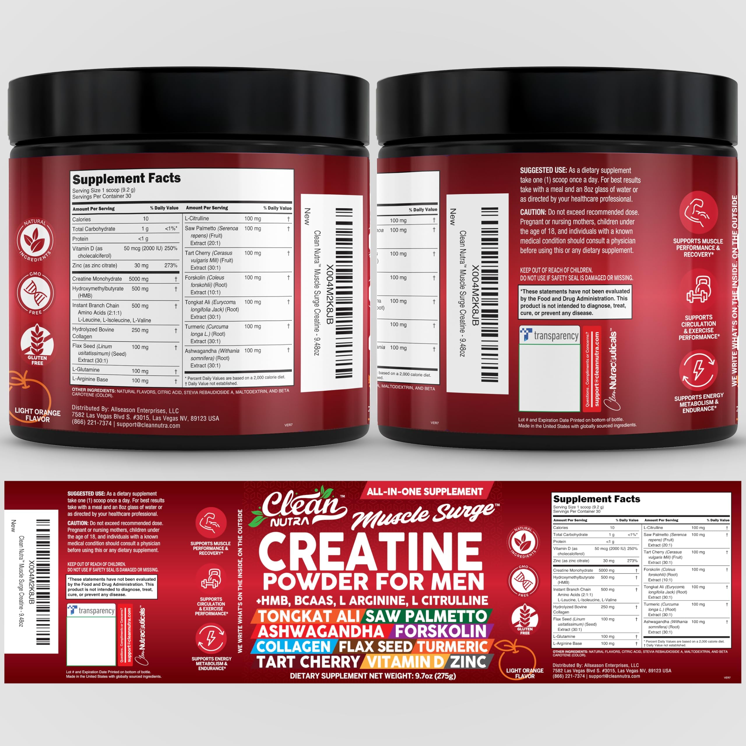 Clean Nutraceuticals etiqueta de ingredientes clara y fabricación en EE. UU.