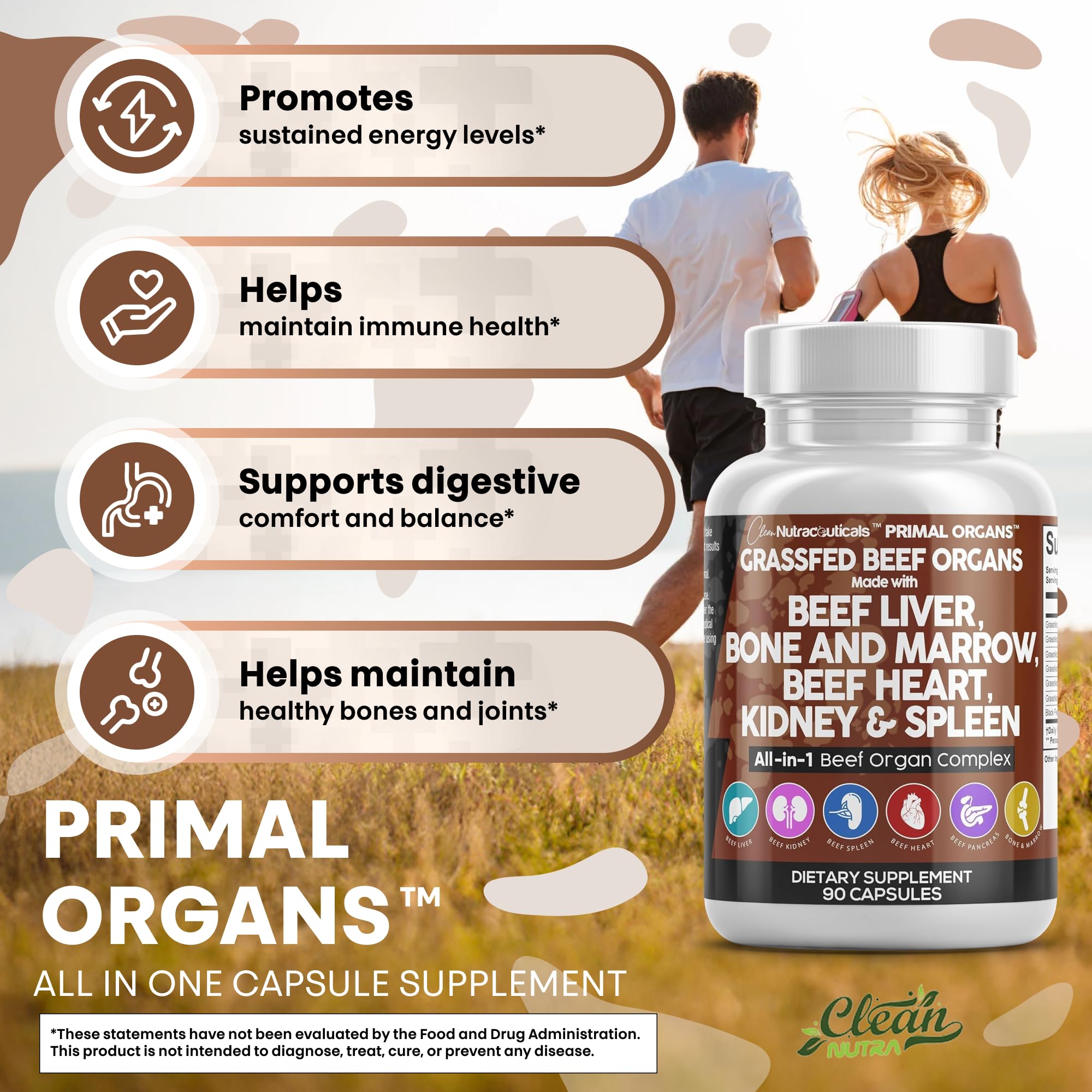 Clean Nutraceuticals frasco abierto con cápsulas apiladas, fácil de tomar