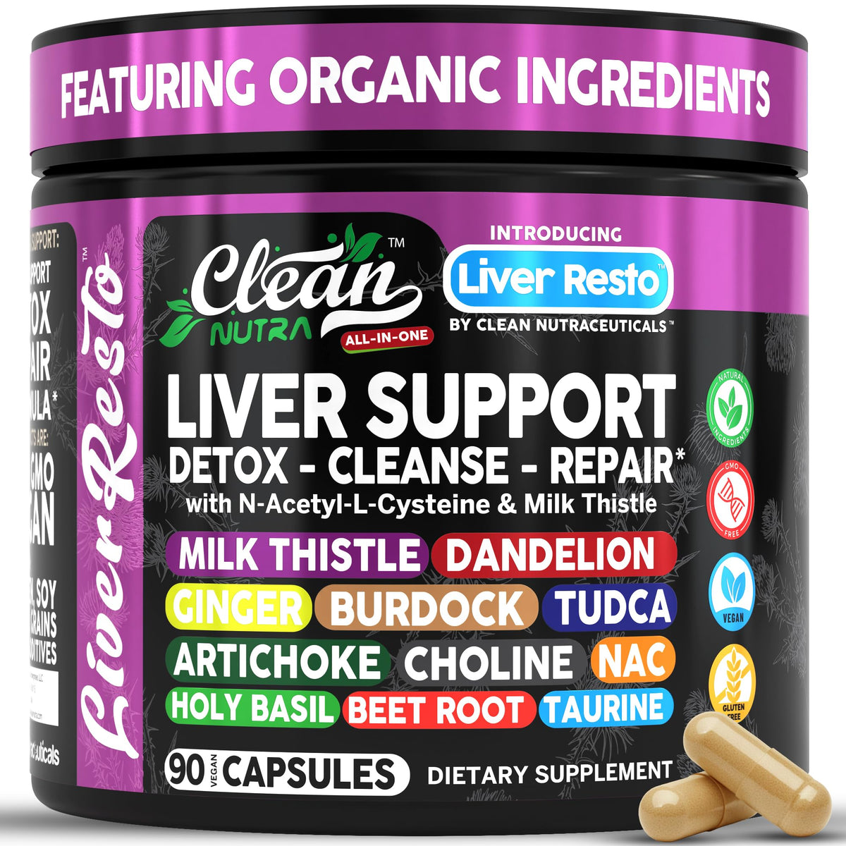 Clean Nutraceuticals frasco de frente con 90 cápsulas para respaldo claro