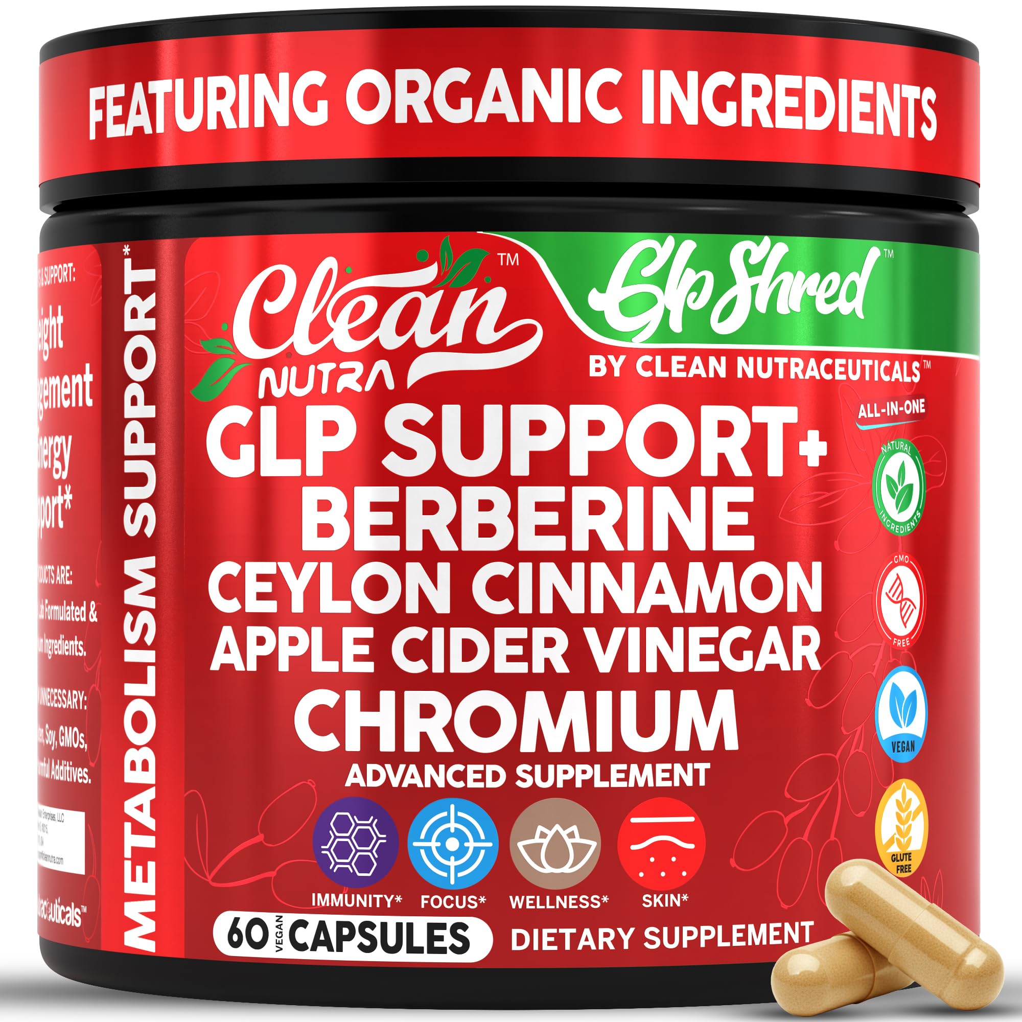 Clean Nutraceuticals frasco frontal GLP Shred mostrando diseño y conveniencia