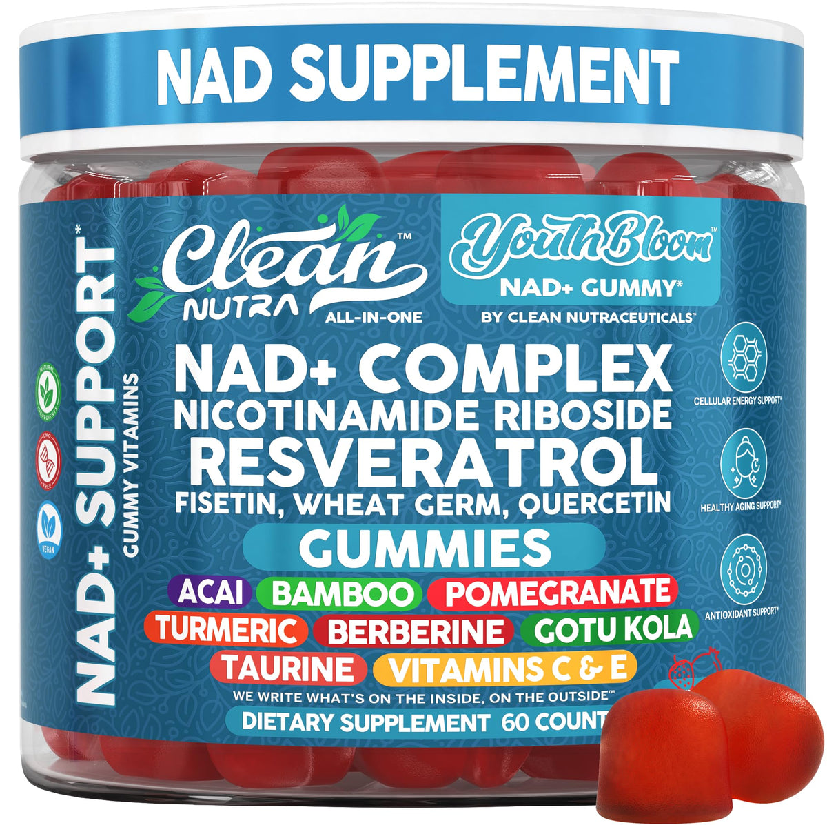 Clean Nutraceuticals frasco frontal del producto mostrando etiqueta clara y uso fácil