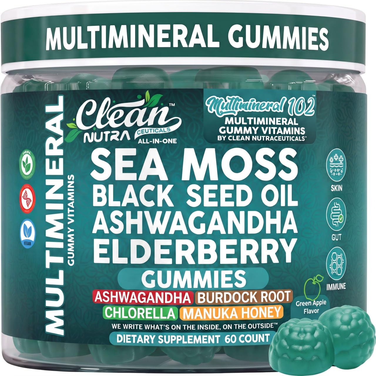 Clean Nutraceuticals frasco frontal con gominolas multinutrientes, práctico y portátil