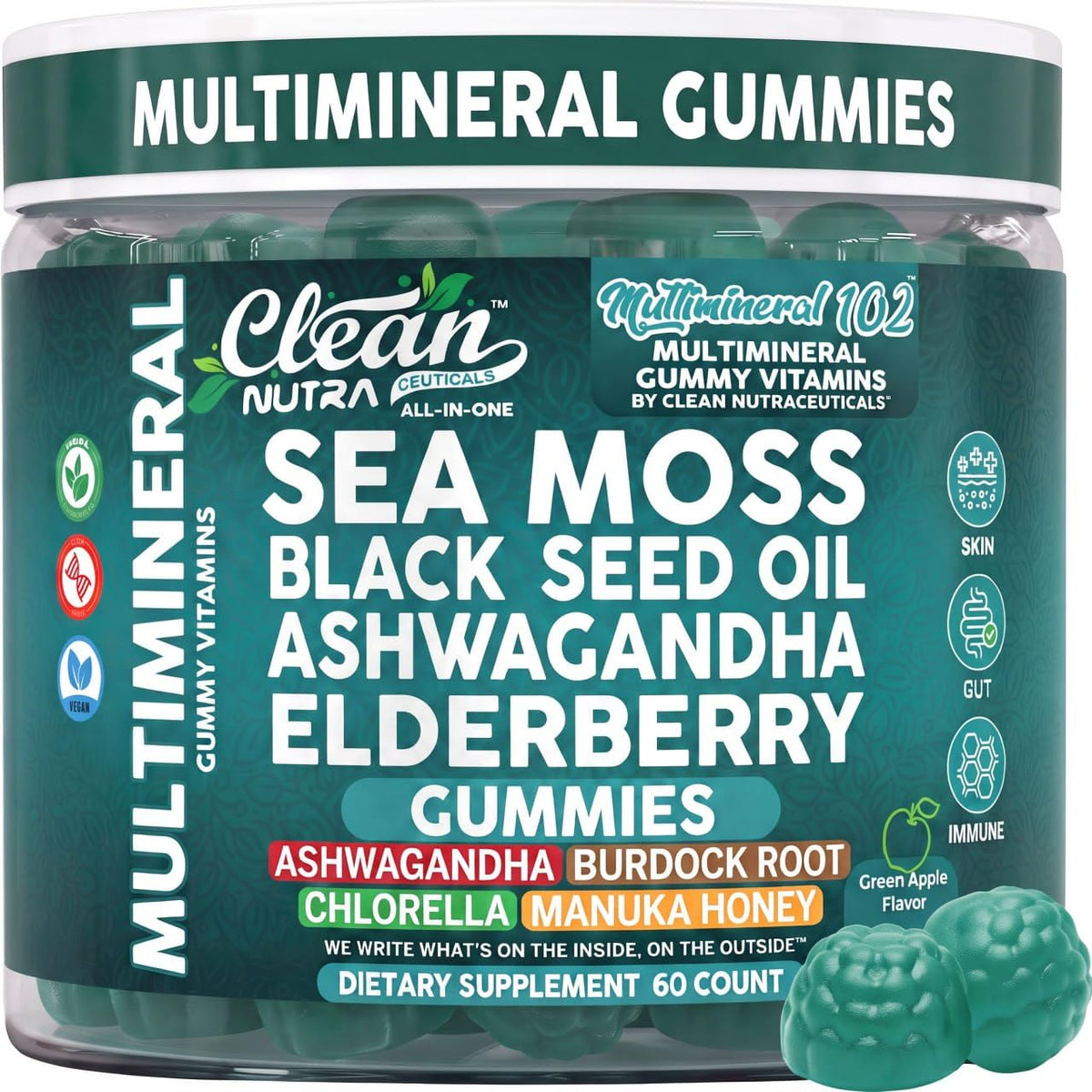 Clean Nutraceuticals frasco frontal con gominolas multinutrientes, práctico y portátil