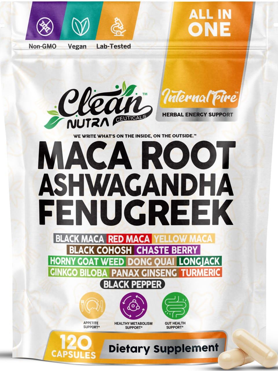 Clean Nutraceuticals frasco frontal mostrando el diseño y beneficio de fórmula 17 en 1