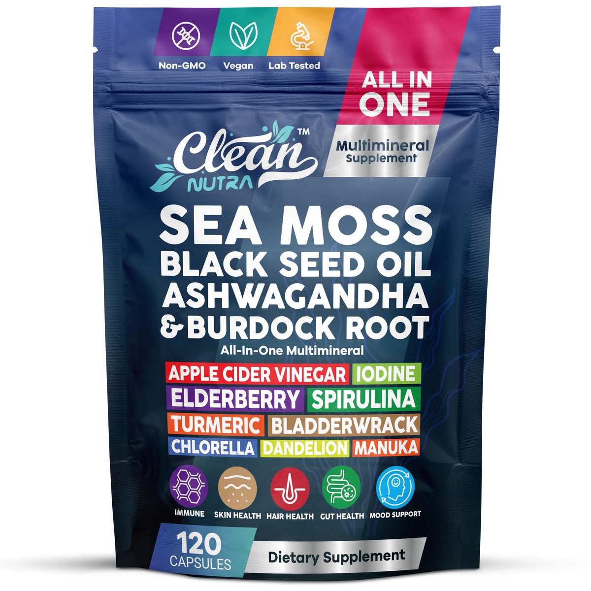 Clean Nutraceuticals frasco frontal mostrando 120 cápsulas y conveniencia