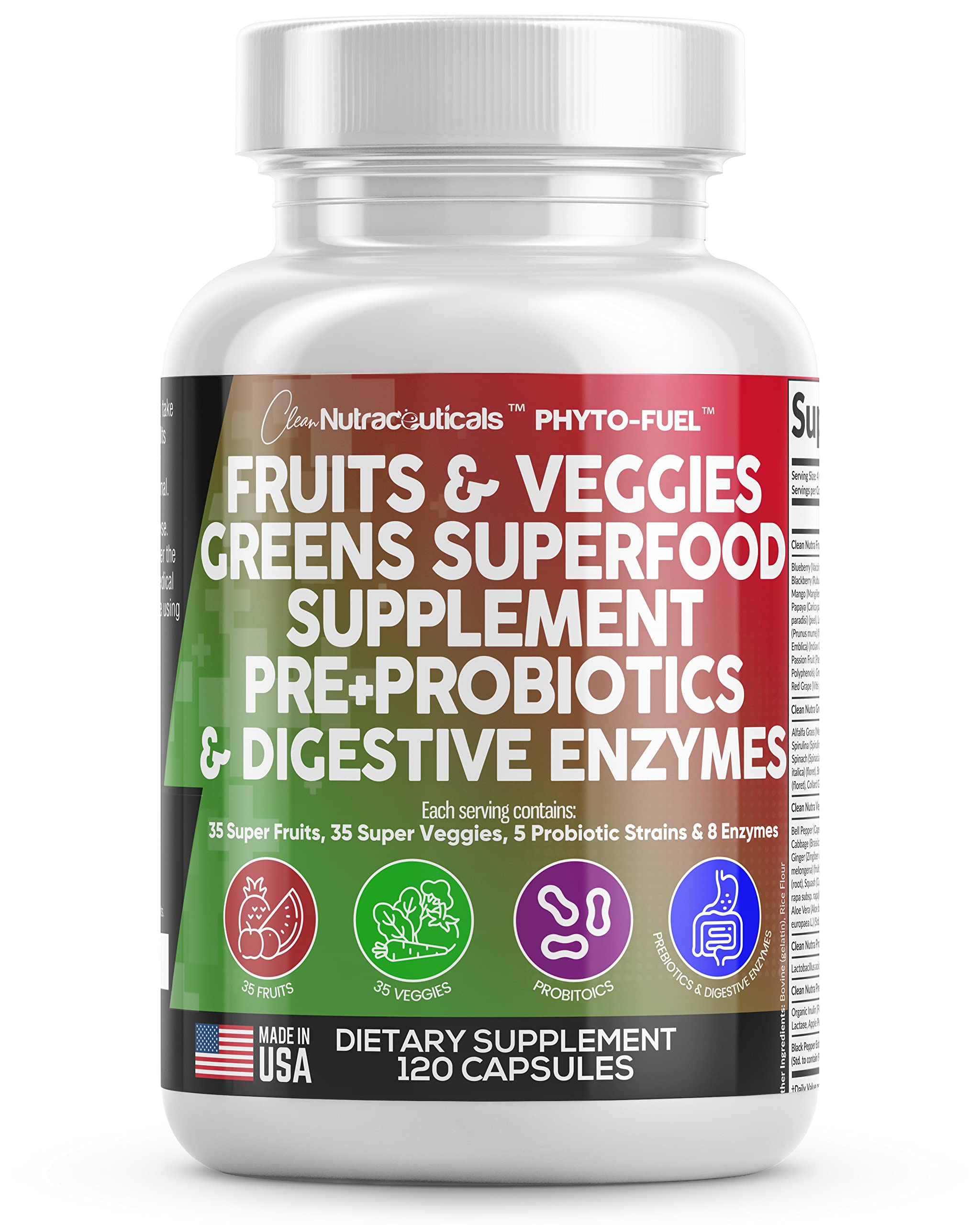 Clean Nutraceuticals frasco frontal mostrando etiqueta y 120 cápsulas para nutrición diaria