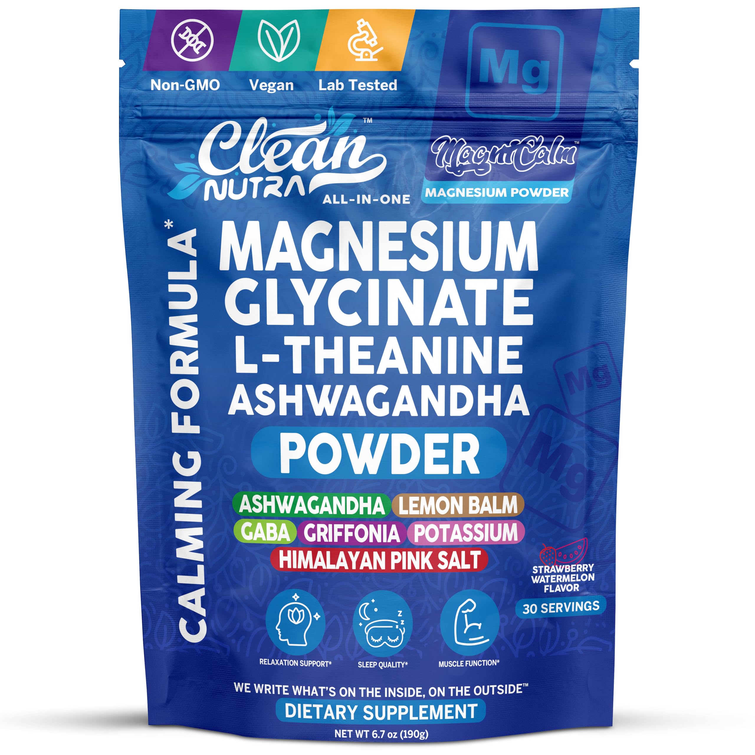 Clean Nutraceuticals envase frontal mostrando mezcla calmante y sabor fresa sandía