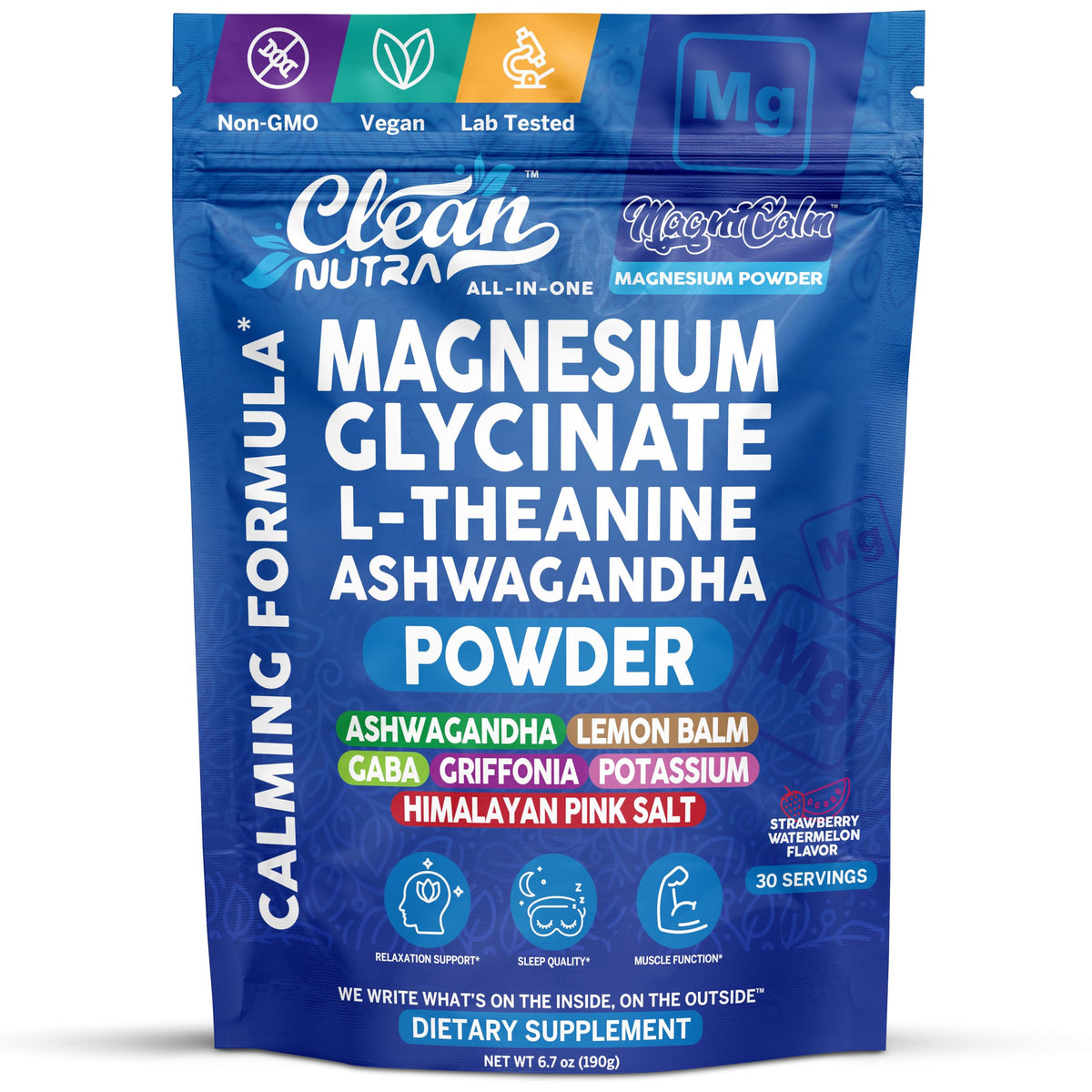 Clean Nutraceuticals envase frontal mostrando mezcla calmante y sabor fresa sandía