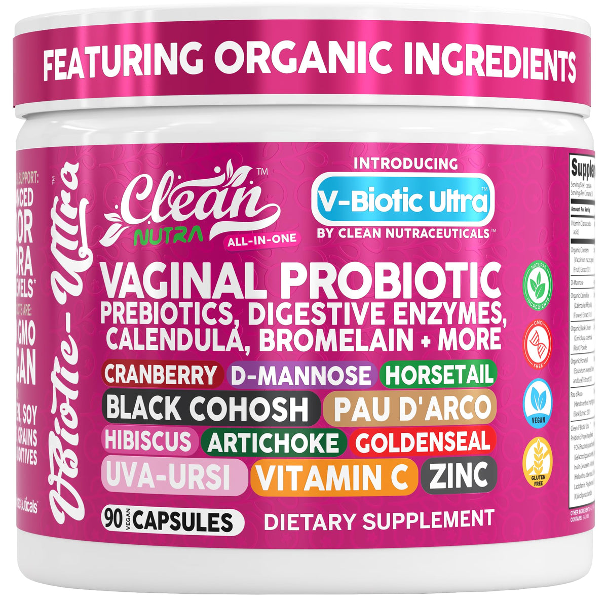 Clean Nutraceuticals frontal del empaque mostrando beneficios y conteo