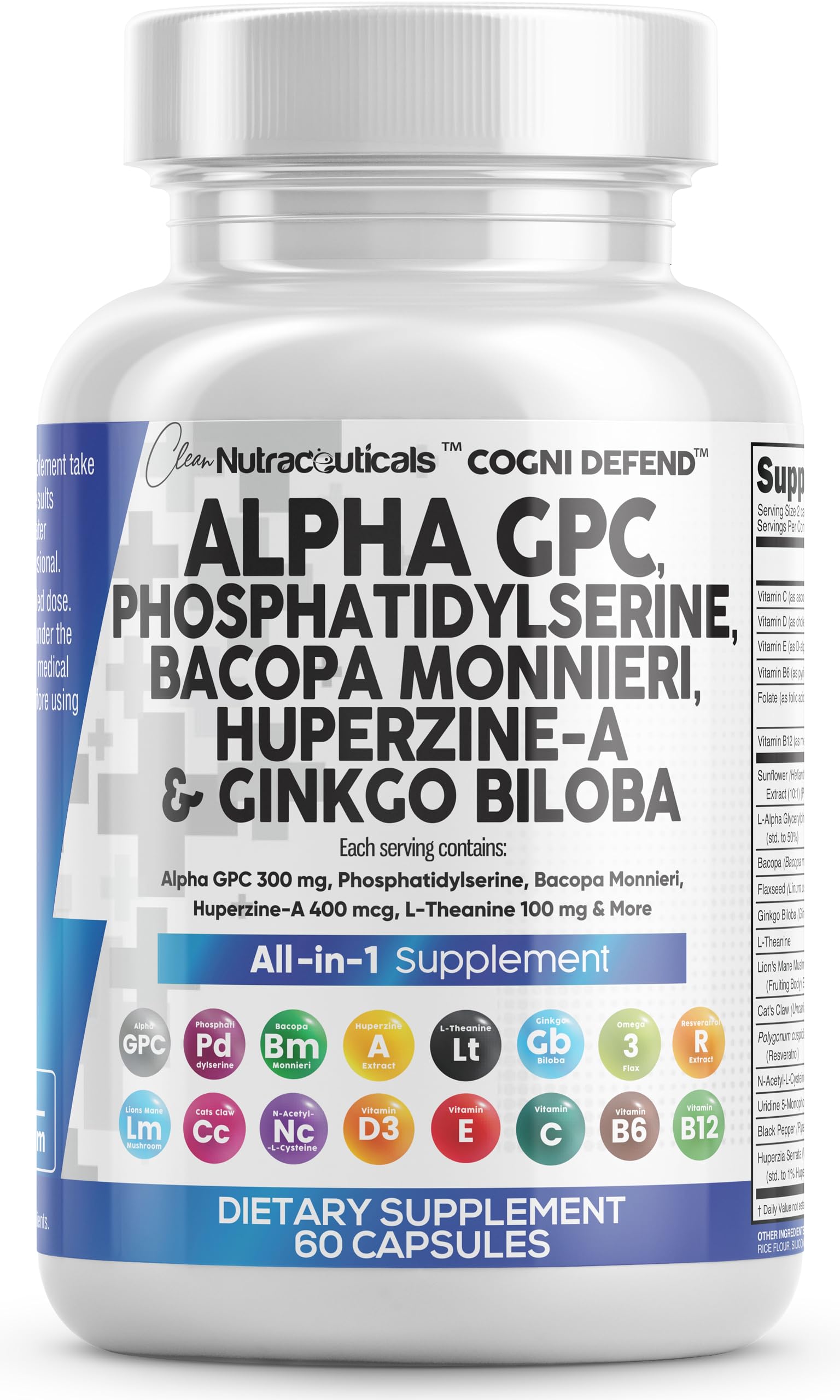 Clean Nutraceuticals frasco frontal que muestra la fórmula nootrópica y beneficios