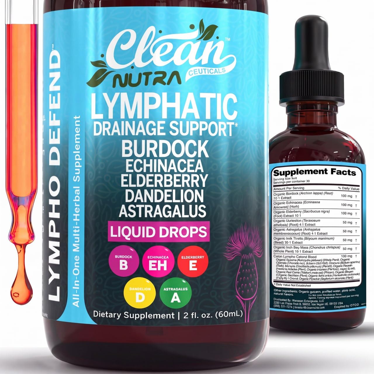 Clean Nutraceuticals frontal del envase mostrando la botella y beneficios