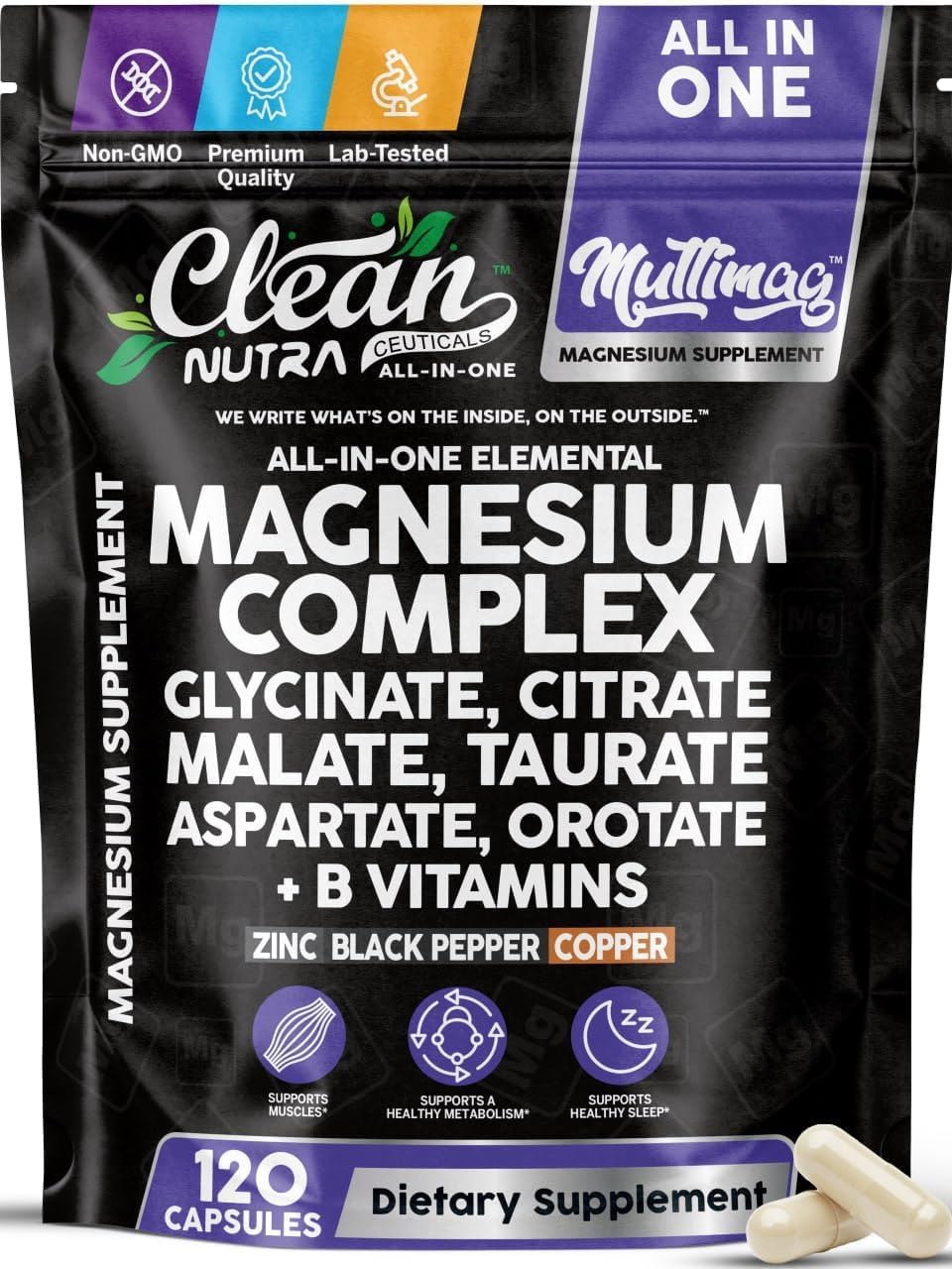 Clean Nutraceuticals frontal del envase mostrando MultiMag y beneficios