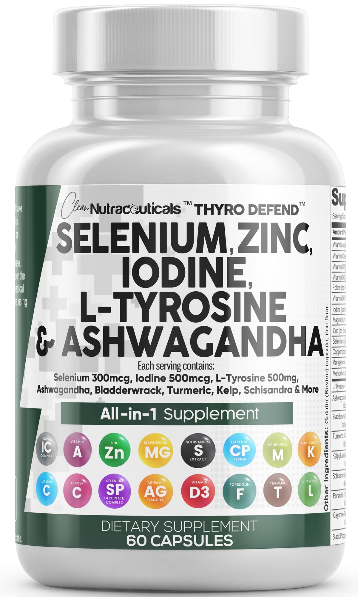 Clean Nutraceuticals frontal del envase que muestra la fórmula ThyroDefend y ventajas de conveniencia