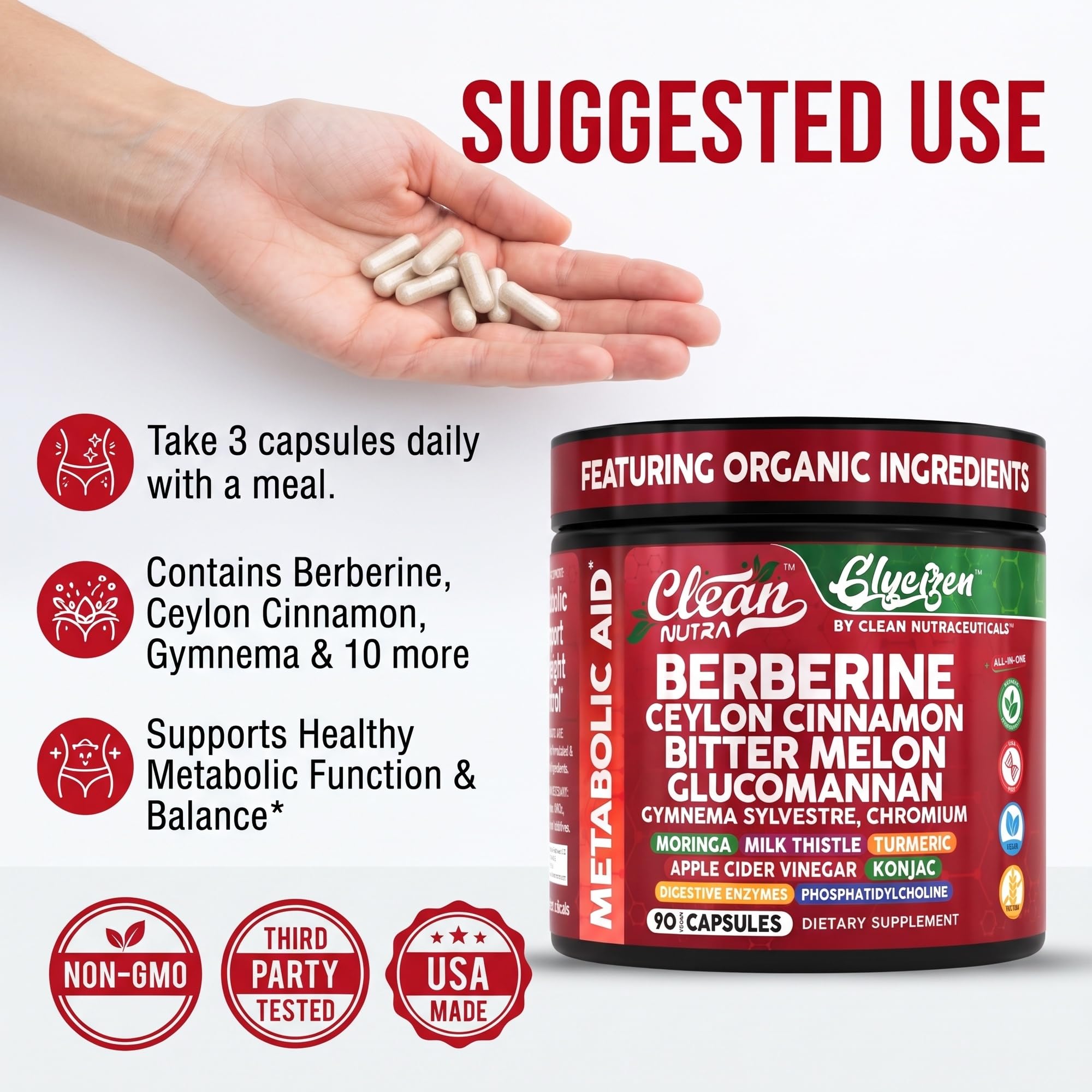 Clean Nutraceuticals botella junto a regla para comparar tamaño real y cantidad