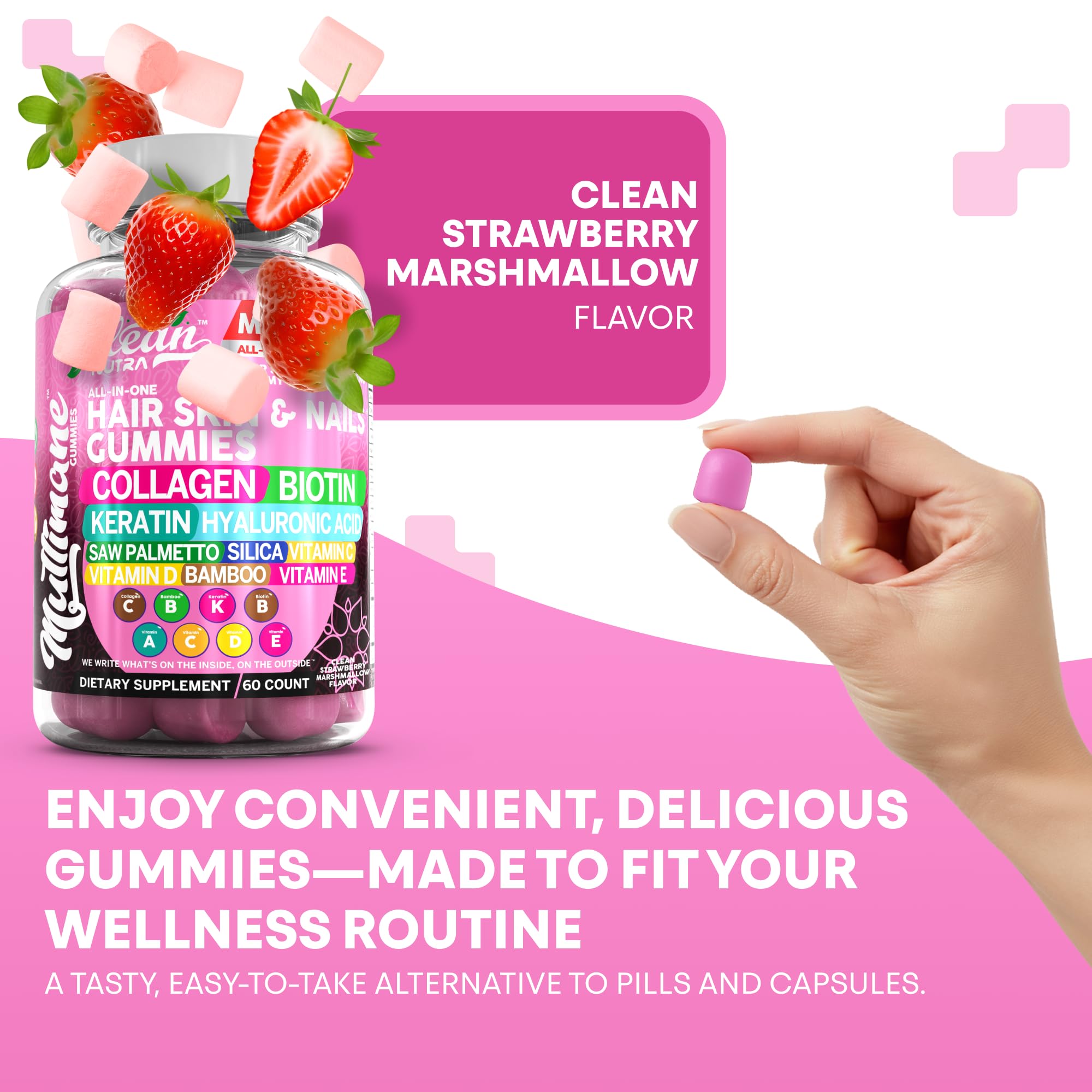 Clean Nutraceuticals gominolas junto a fresas indicando sabor natural