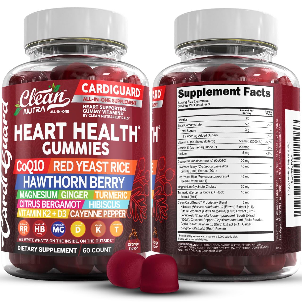 Clean Nutraceuticals vista frontal del frasco mostrando gomitas sabor naranja y marca