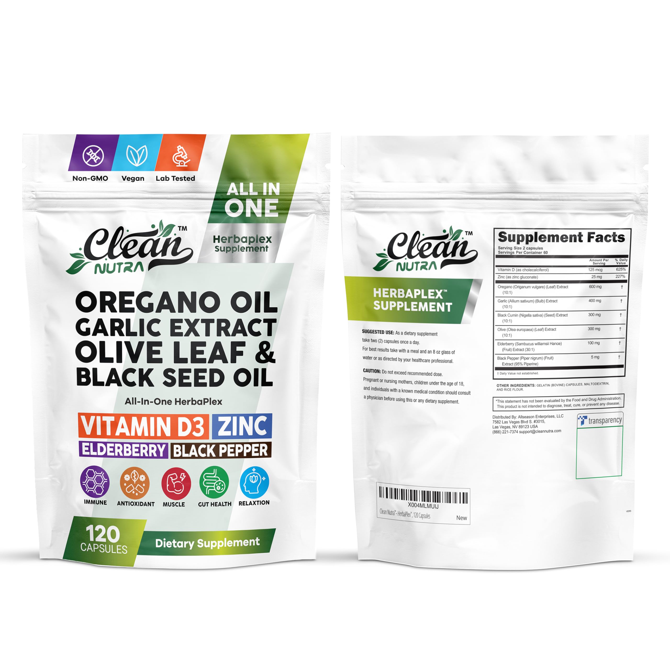 Clean Nutraceuticals frasco abierto junto a caja que muestra contenido completo
