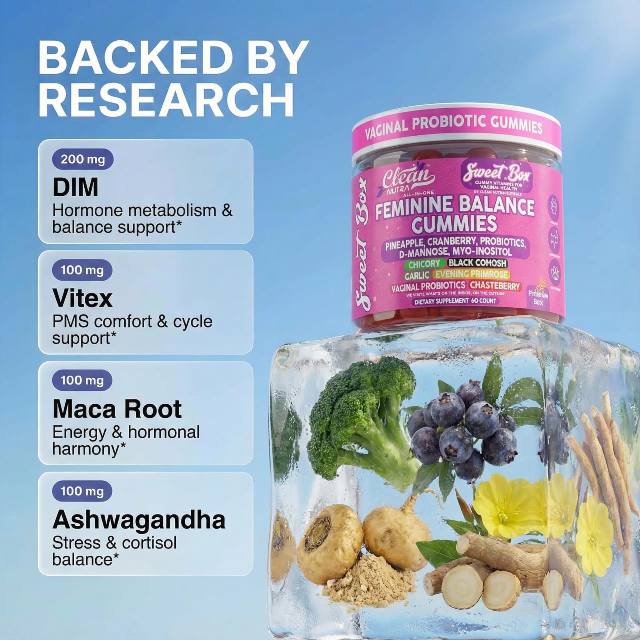 Clean Nutraceuticals ingredientes clave sobre mesa aportando soporte femenino
