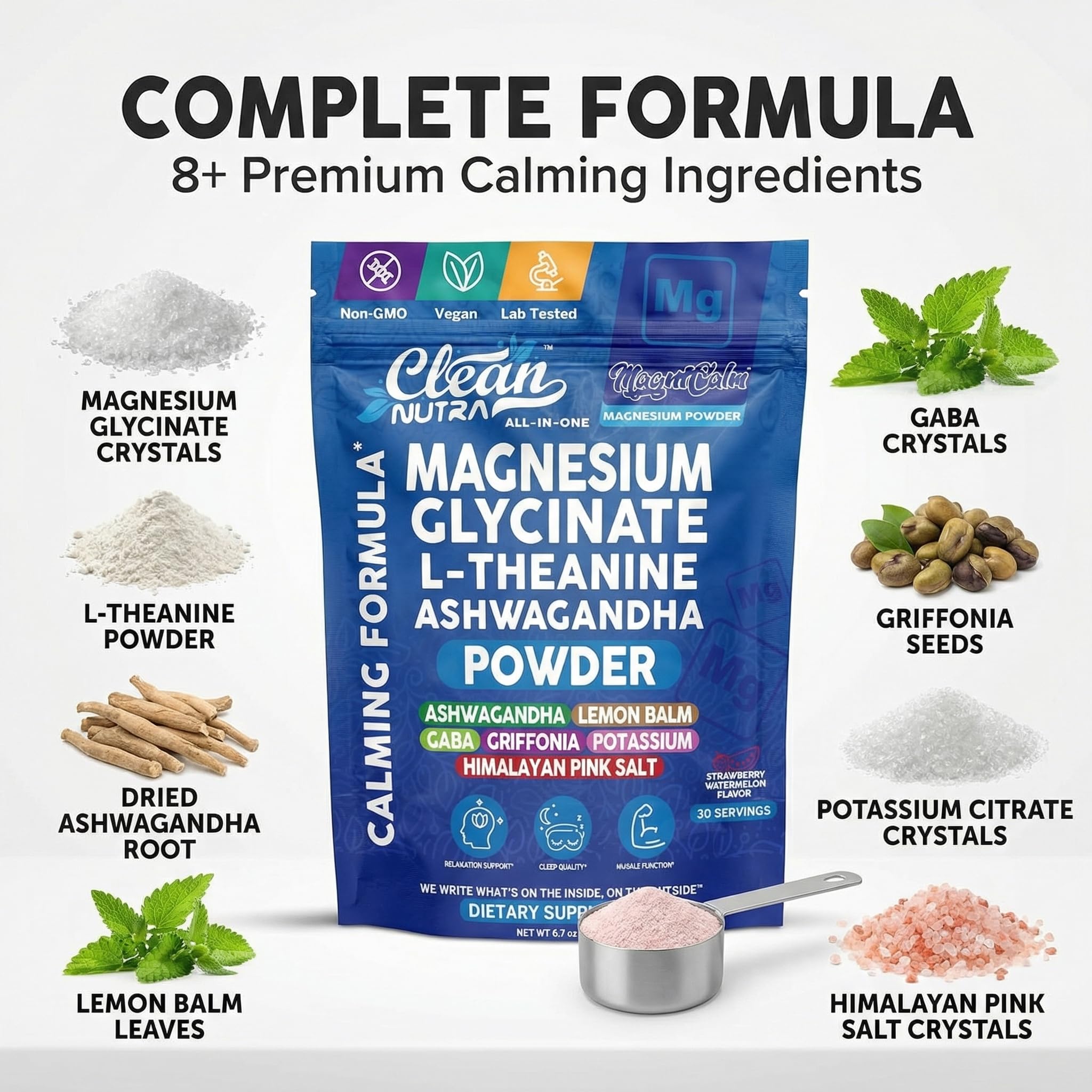 Clean Nutraceuticals conjunto de ingredientes: magnesio, ashwagandha y L‑theanine