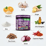 Ingredientes frescos: jengibre y ajo junto a frasco Clean Nutraceuticals, natural