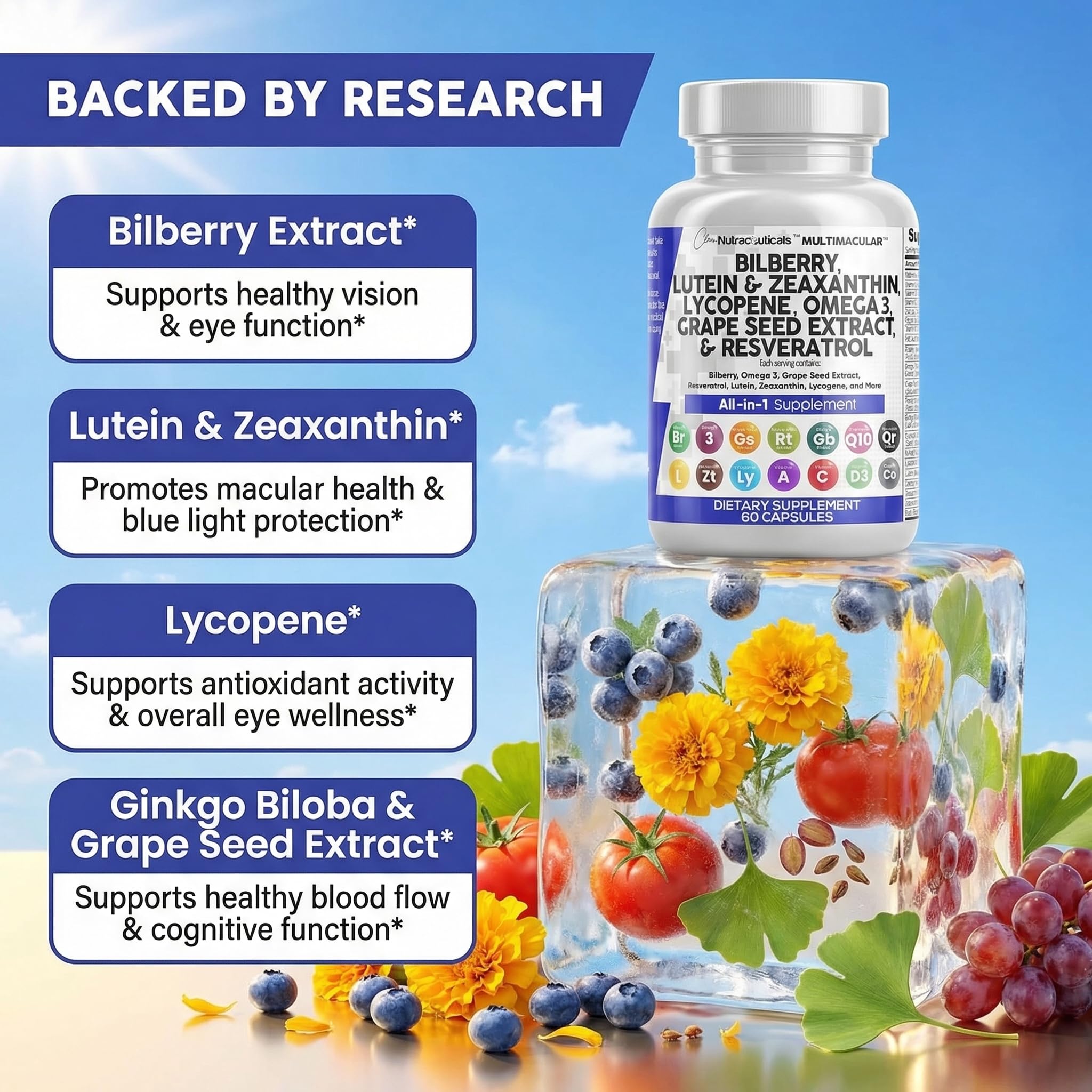 Clean Nutraceuticals ingredientes clave bilberry y luteína en fondo claro