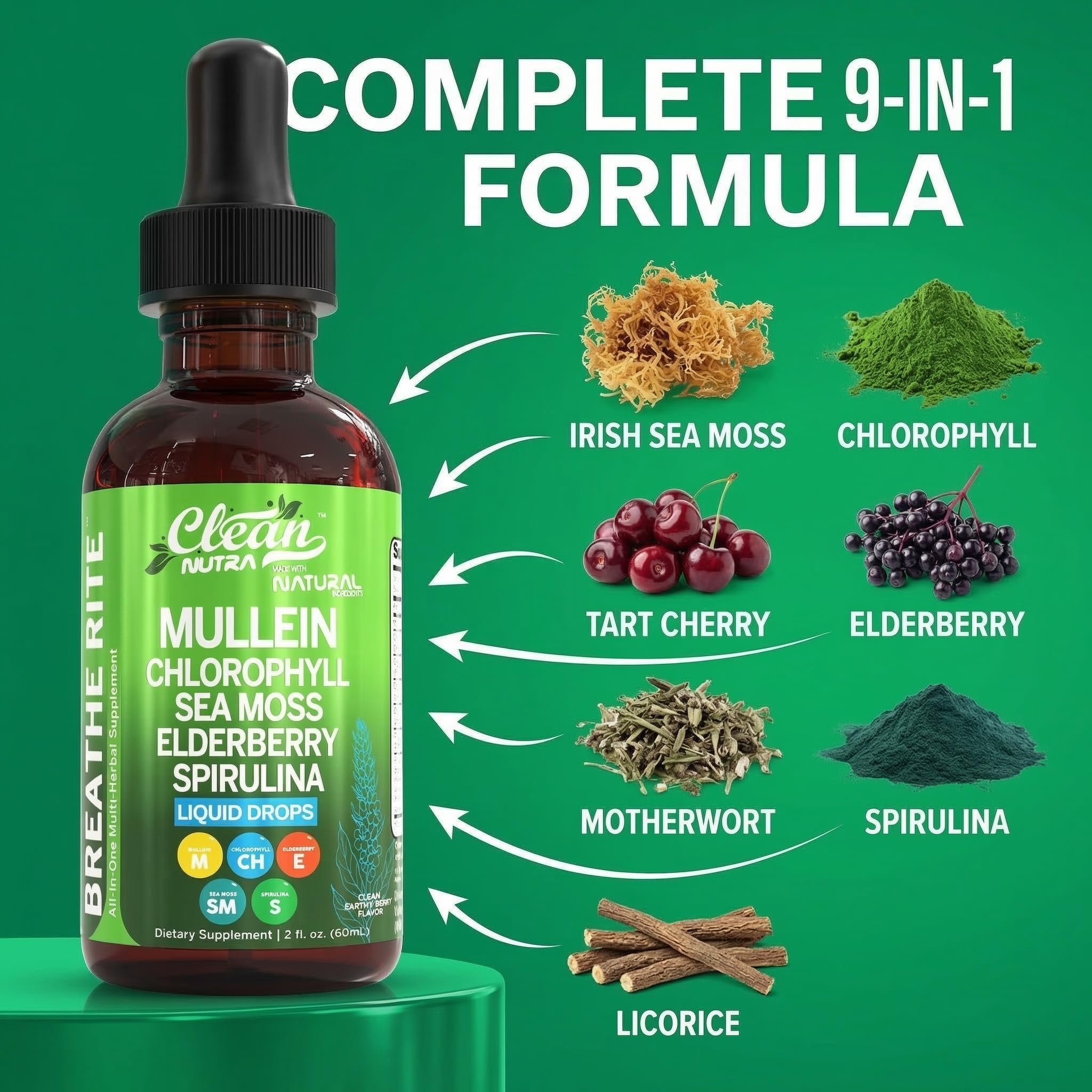 Clean Nutraceuticals mezcla de hierbas y algas en primer plano, beneficio nutricional visible