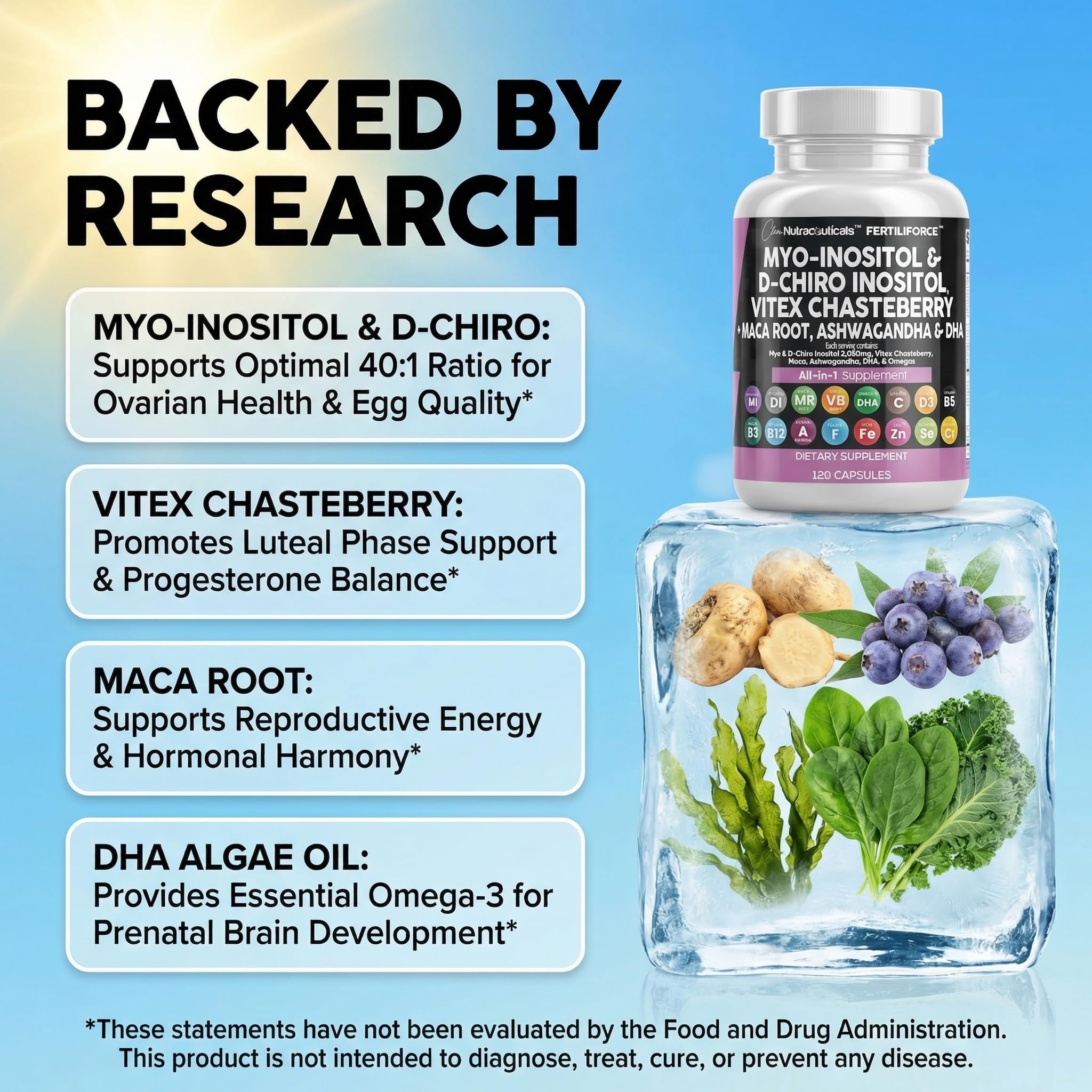 Clean Nutraceuticals mezcla de ingredientes mostrando inositol y hierbas clave