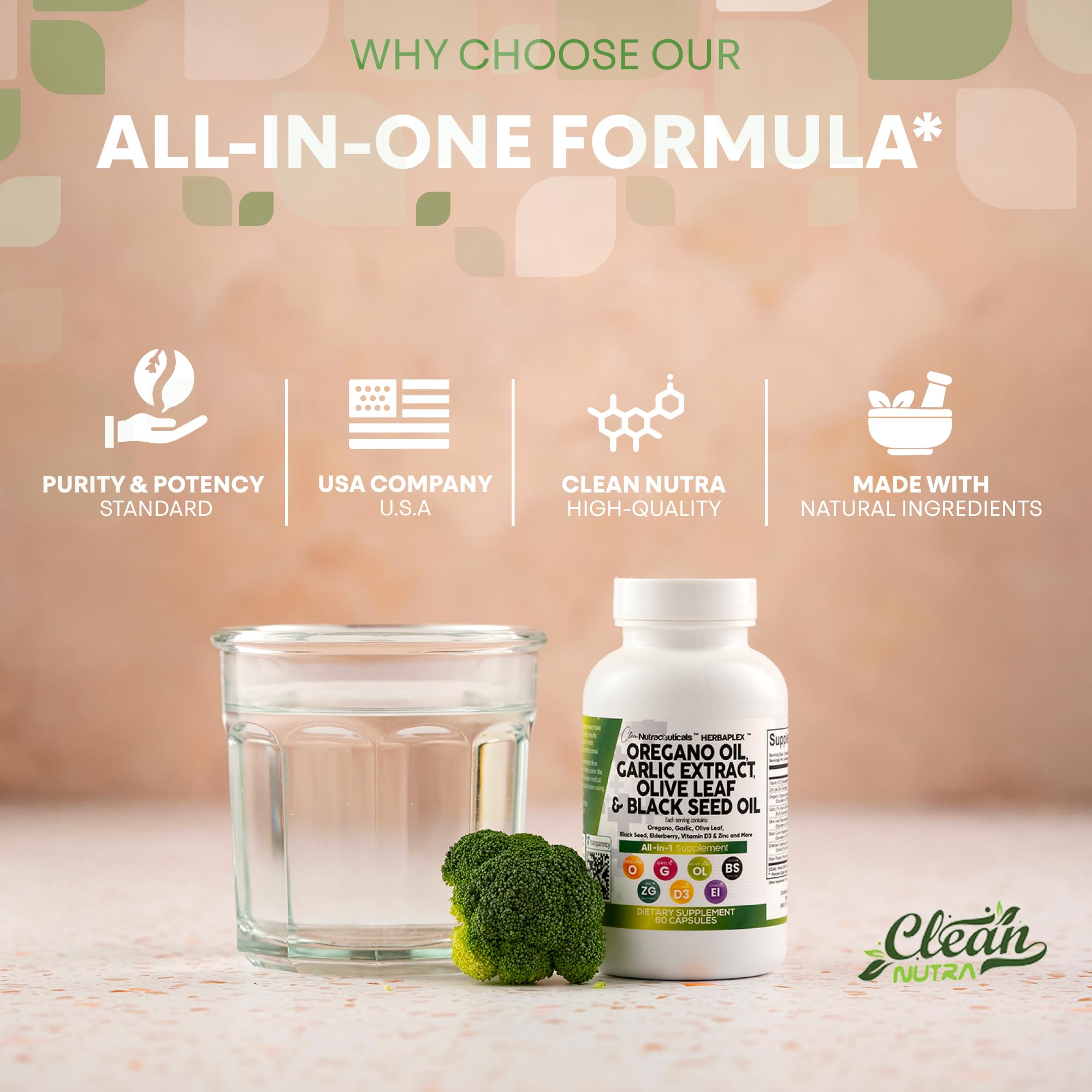 Clean Nutraceuticals ajo y hoja de olivo como ingredientes naturales visibles