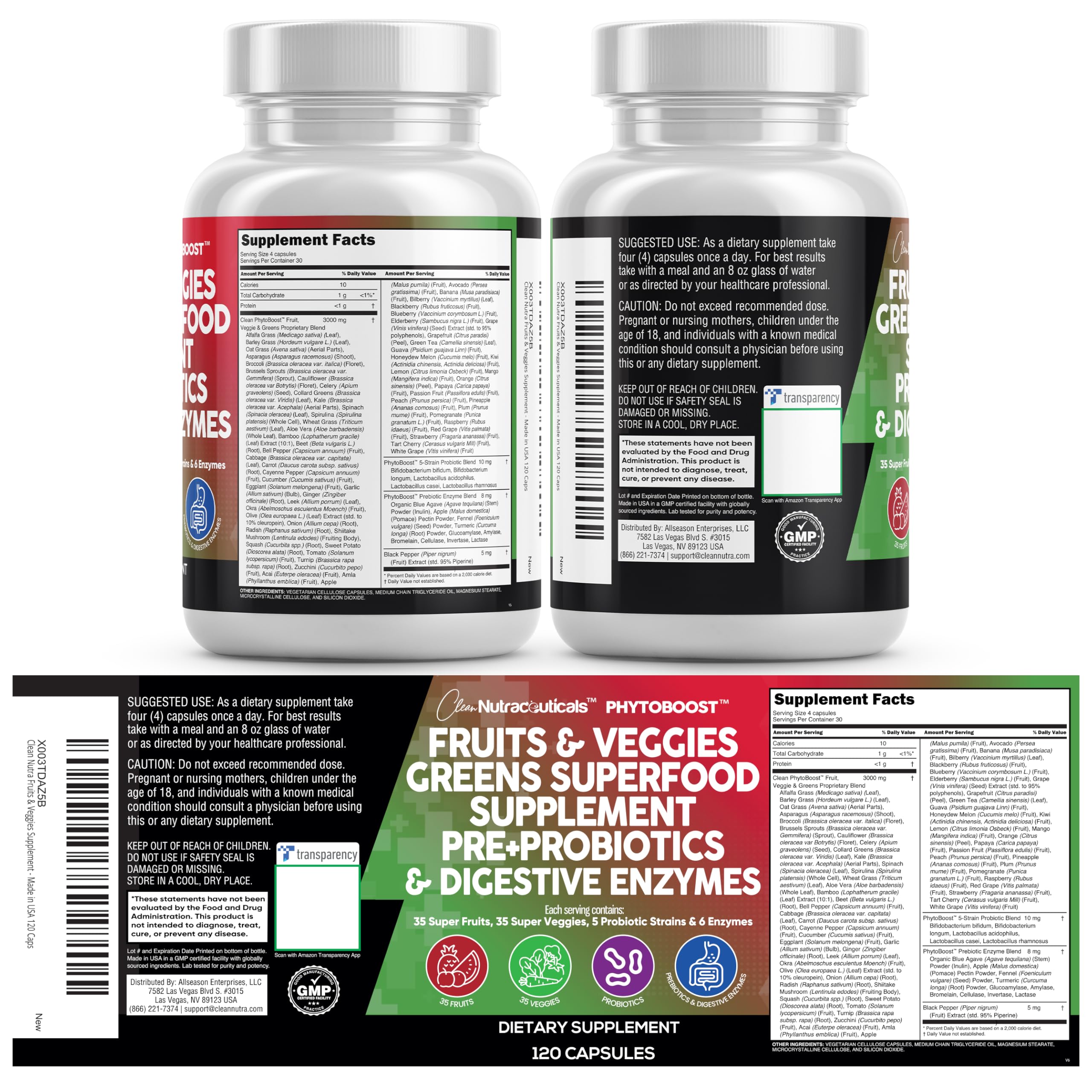 Clean Nutraceuticals conjunto de frutas, verduras y algas que ilustran la composición natural
