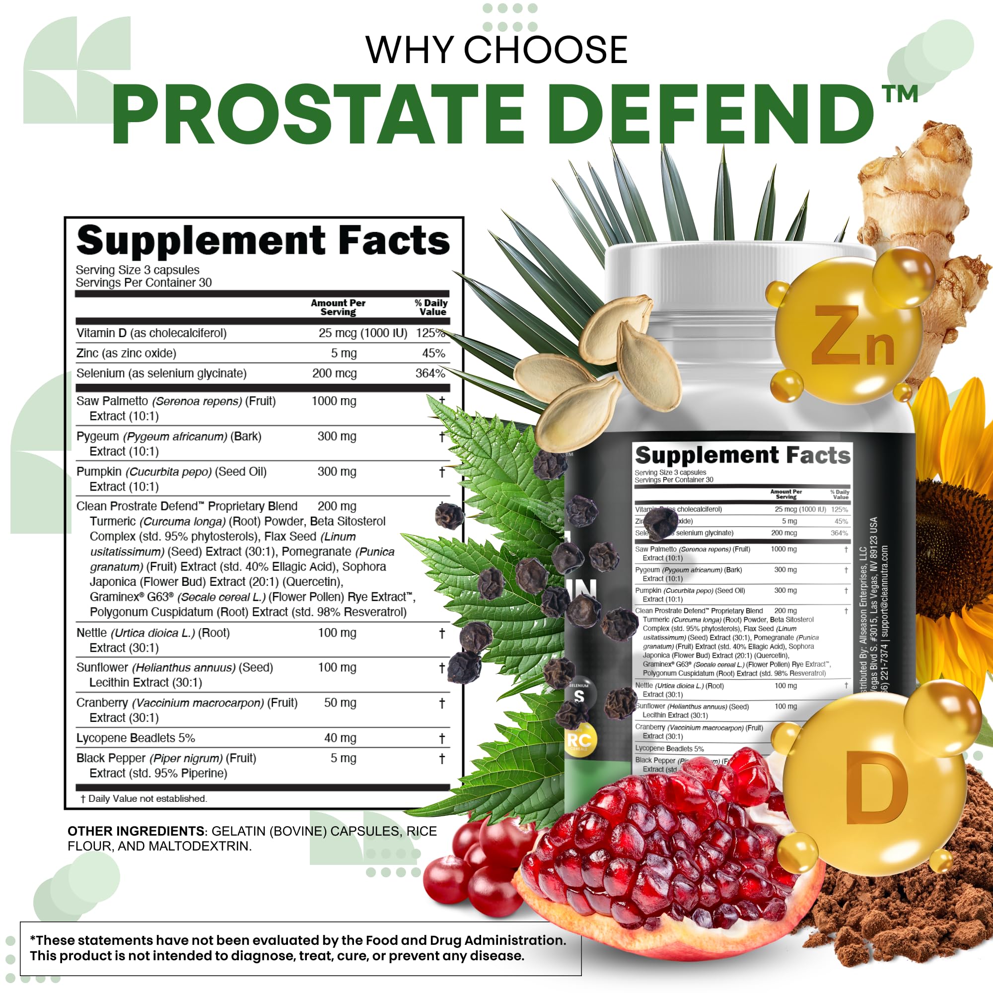 Clean Nutraceuticals ingredientes secos como saw palmetto y calabaza visualizados