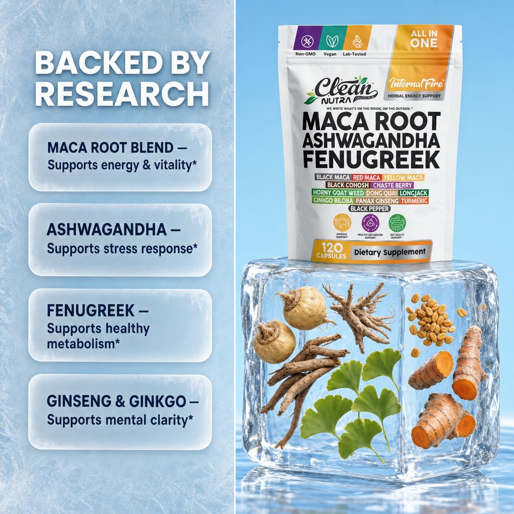 Clean Nutraceuticals disposición de raíces de maca, ashwagandha y fenogreco como ingredientes clave