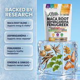 Clean Nutraceuticals disposición de raíces de maca, ashwagandha y fenogreco como ingredientes clave