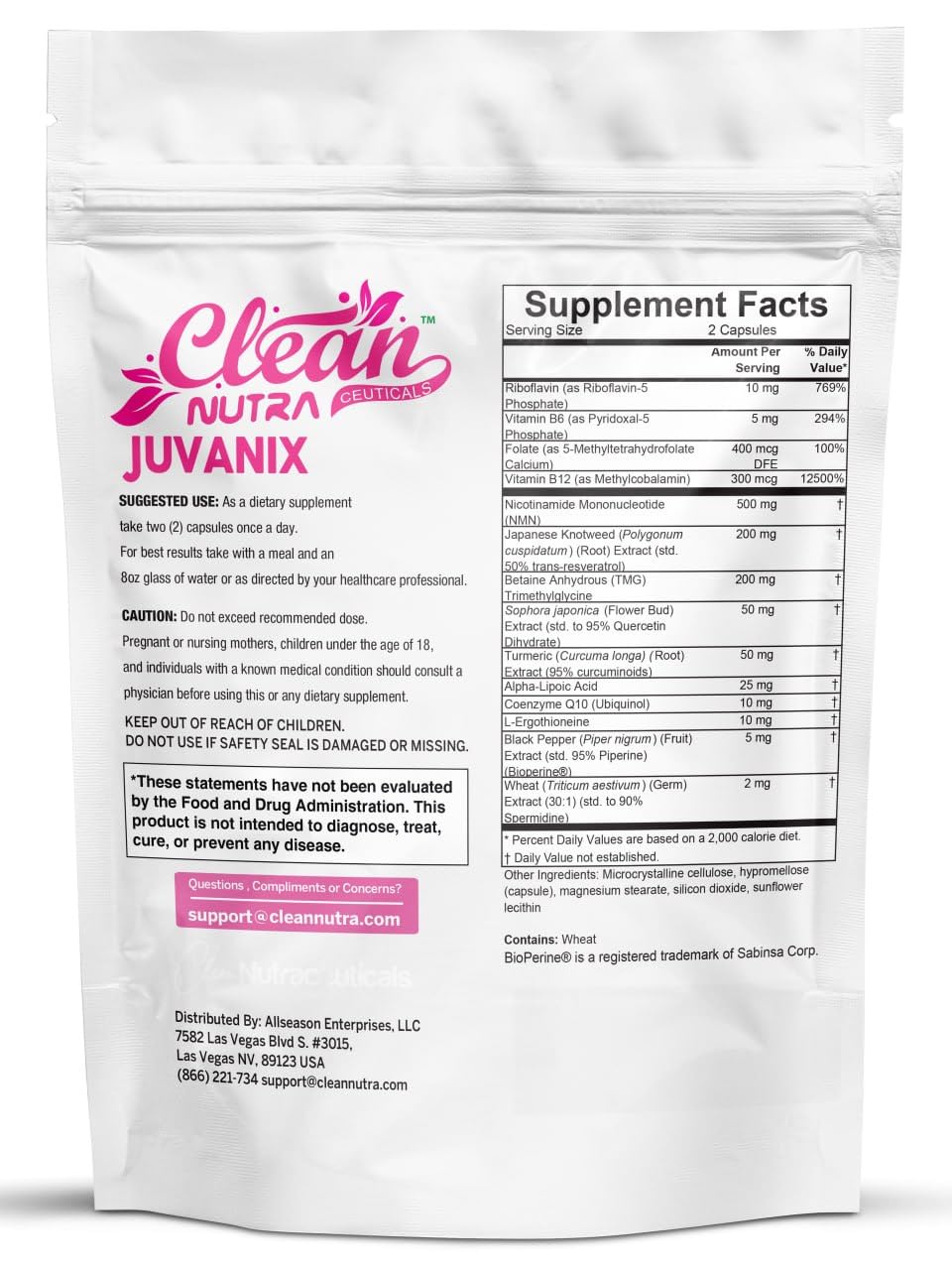 Clean Nutraceuticals Juvanix cápsulas junto a regla para comparar tamaño y dosificación