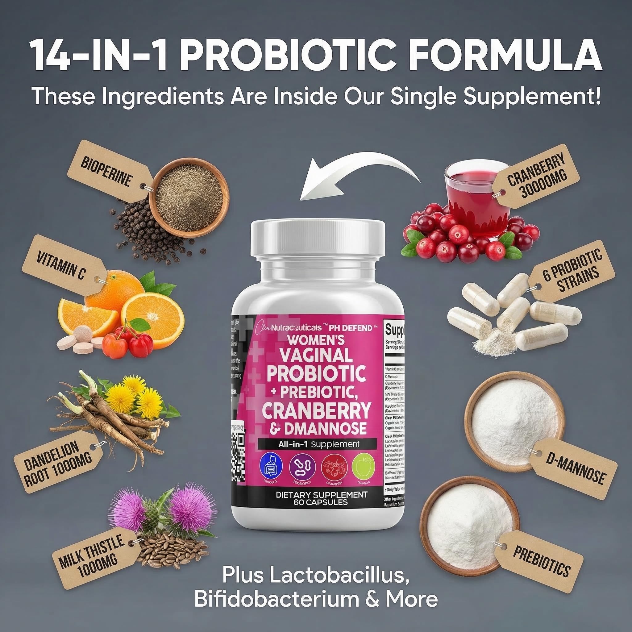 Clean Nutraceuticals etiqueta con información de cepas probióticas y 20 mil millones UFC