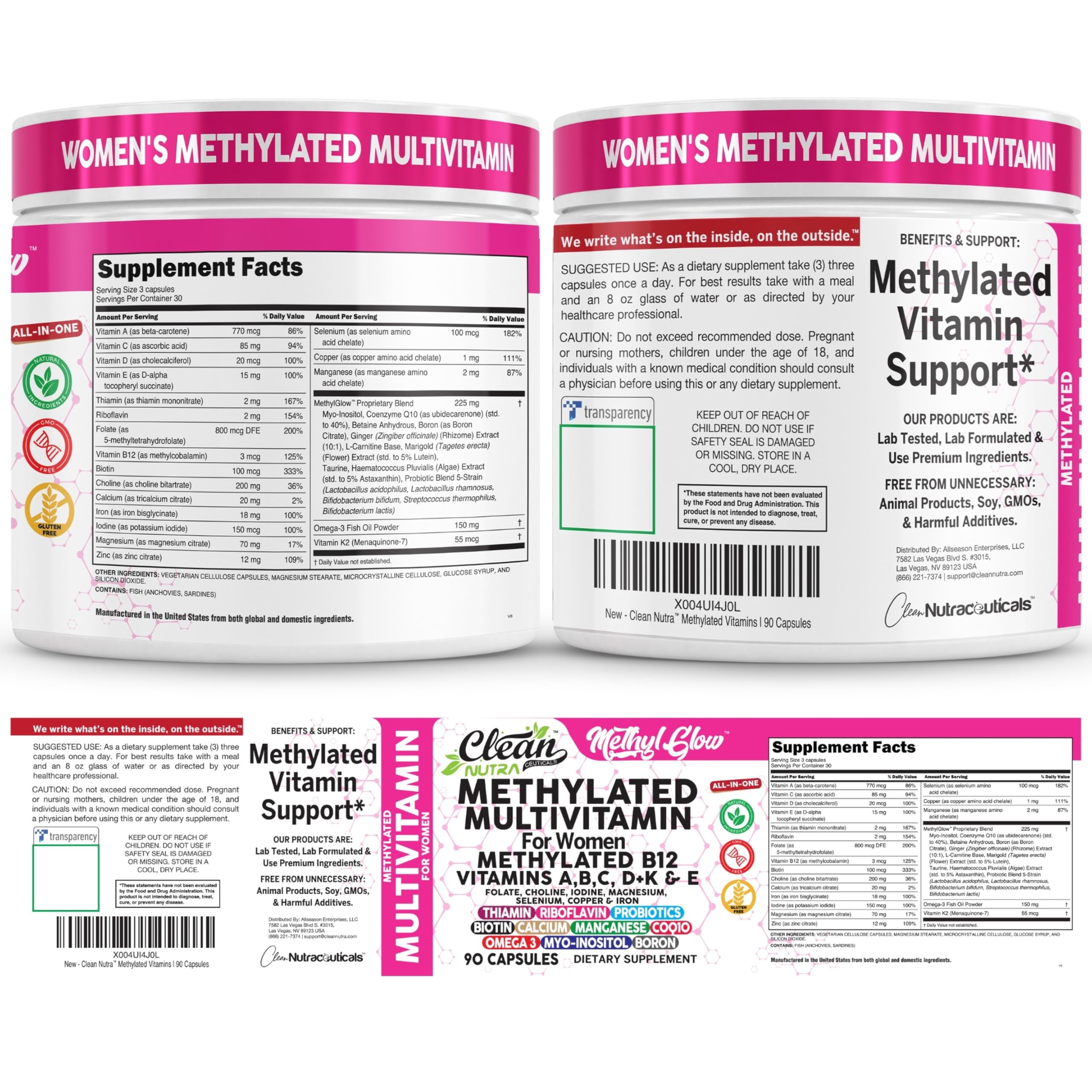 Clean Nutraceuticals envase abierto mostrando cápsulas y lista de ingredientes