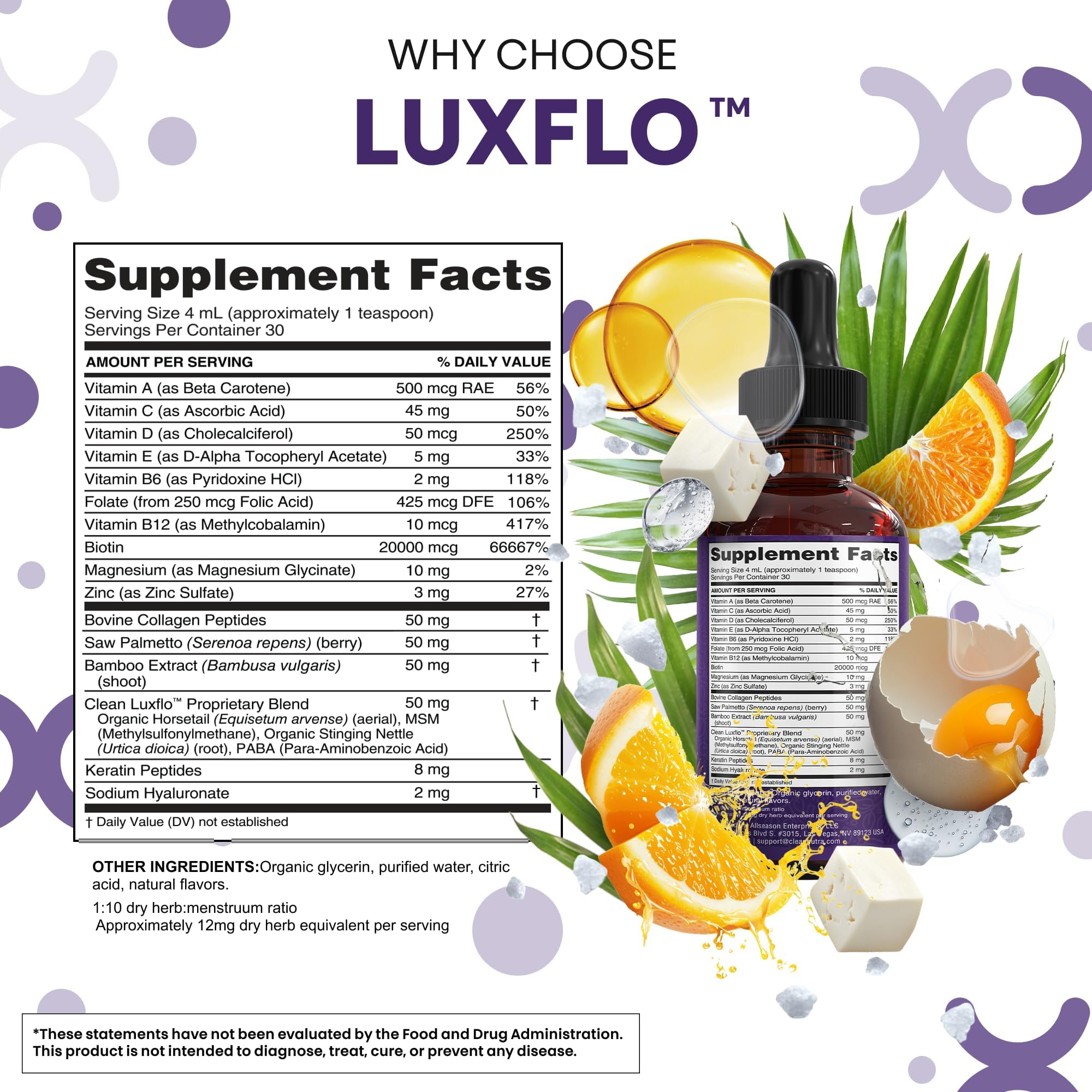 Clean Nutraceuticals LuxFlo etiqueta legible con lista de ingredientes clave