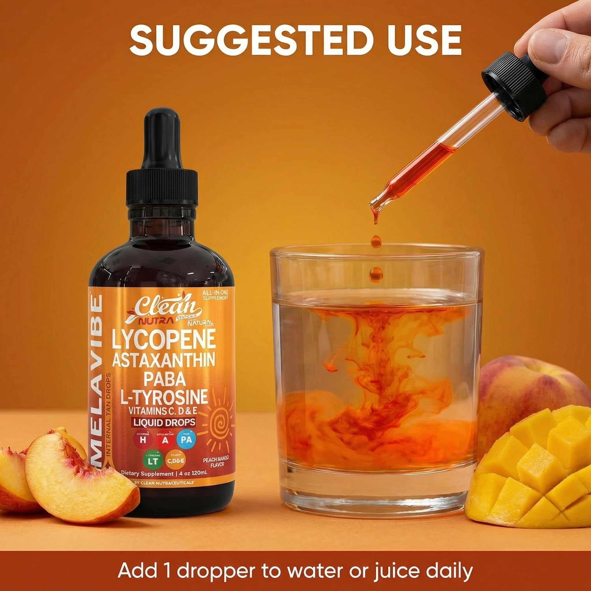 Clean Nutraceuticals MelaVibe tamaño del frasco comparado con vaso para escala