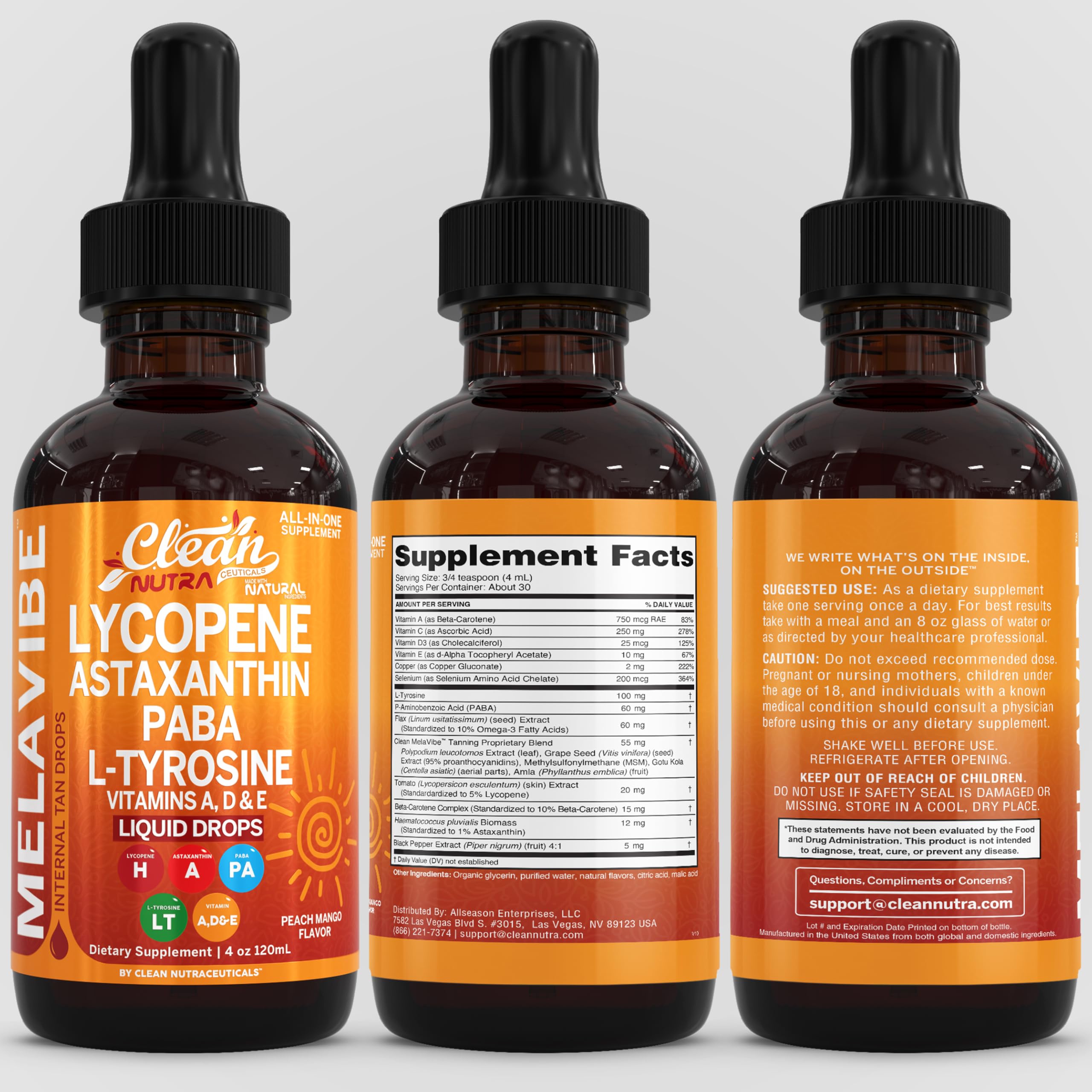 Clean Nutraceuticals MelaVibe empaque lateral información nutricional y lotes