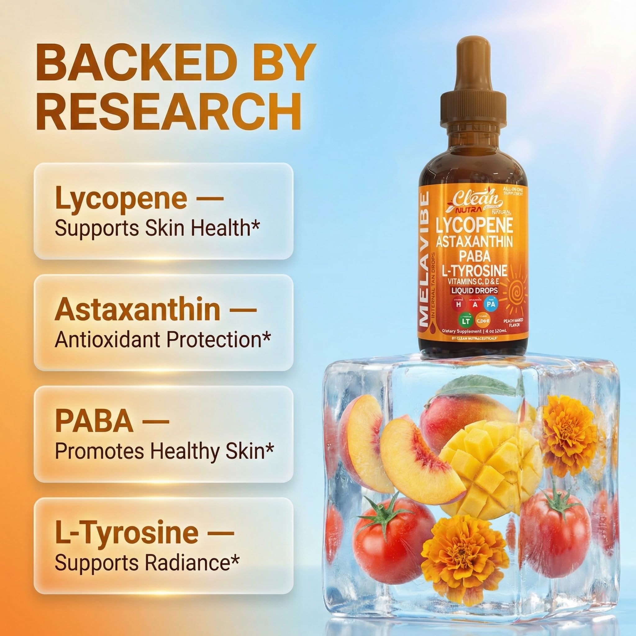 Clean Nutraceuticals gotas MelaVibe textura líquida concentrada para mezclar