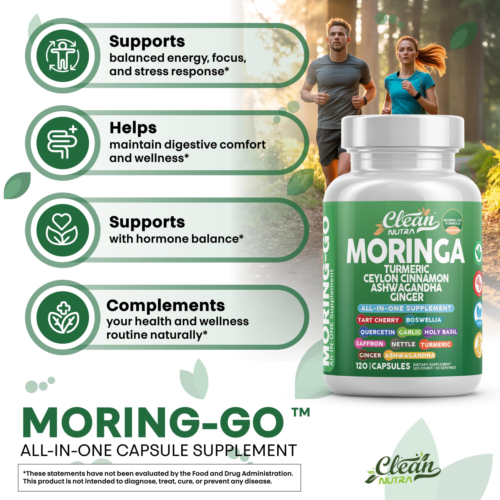 Clean Nutraceuticals primeros planos de moringa, cúrcuma y jengibre frescos