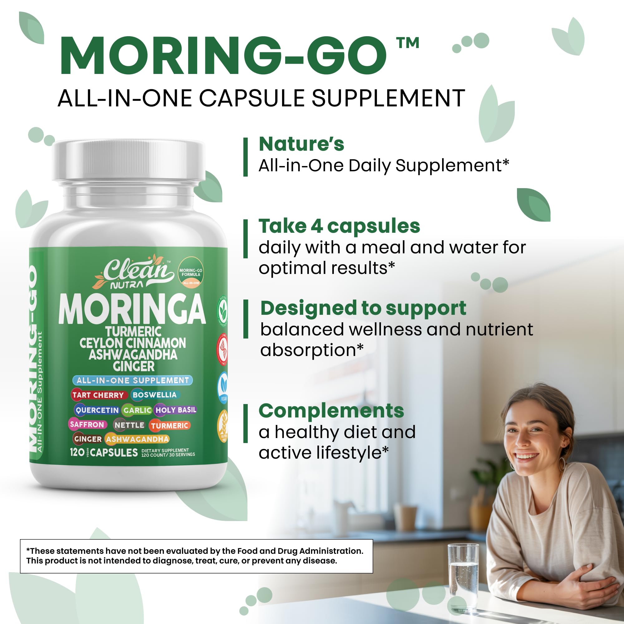 Clean Nutraceuticals persona tomando cápsula con agua tras comida