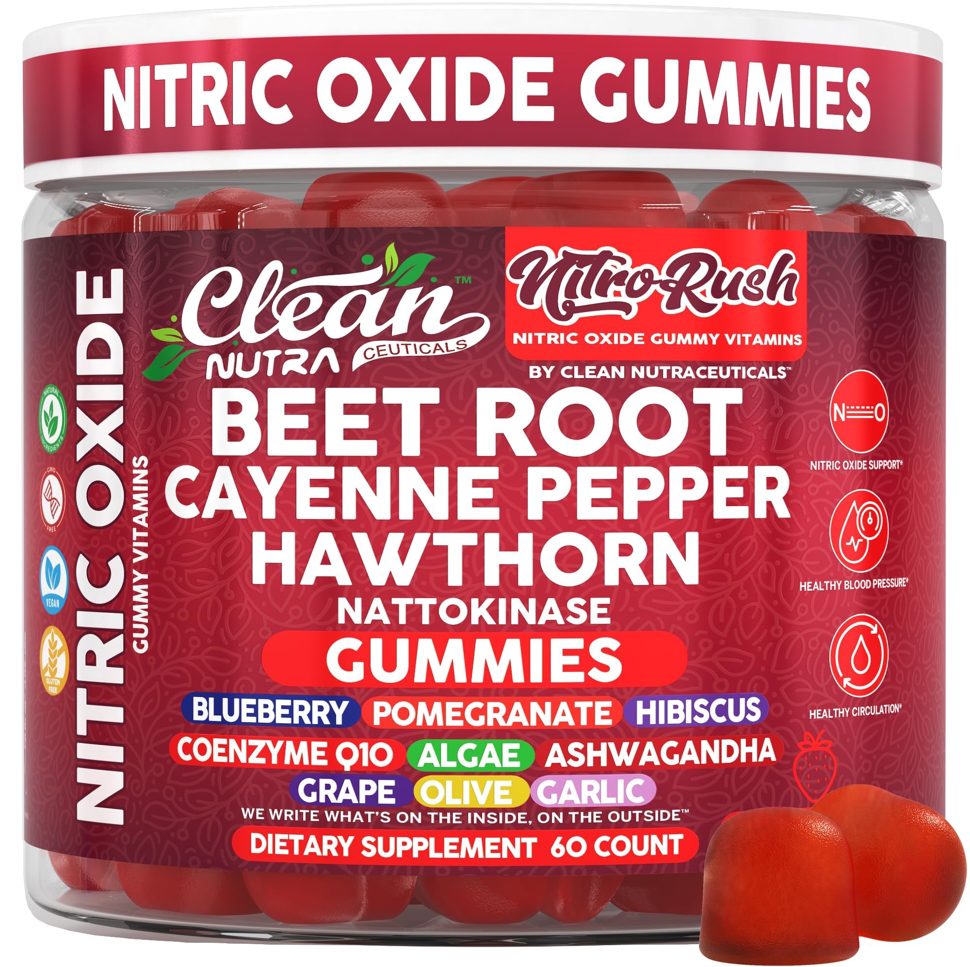 Clean Nutraceuticals frasco delantero con gomitas Nitro Rush mostrando etiqueta