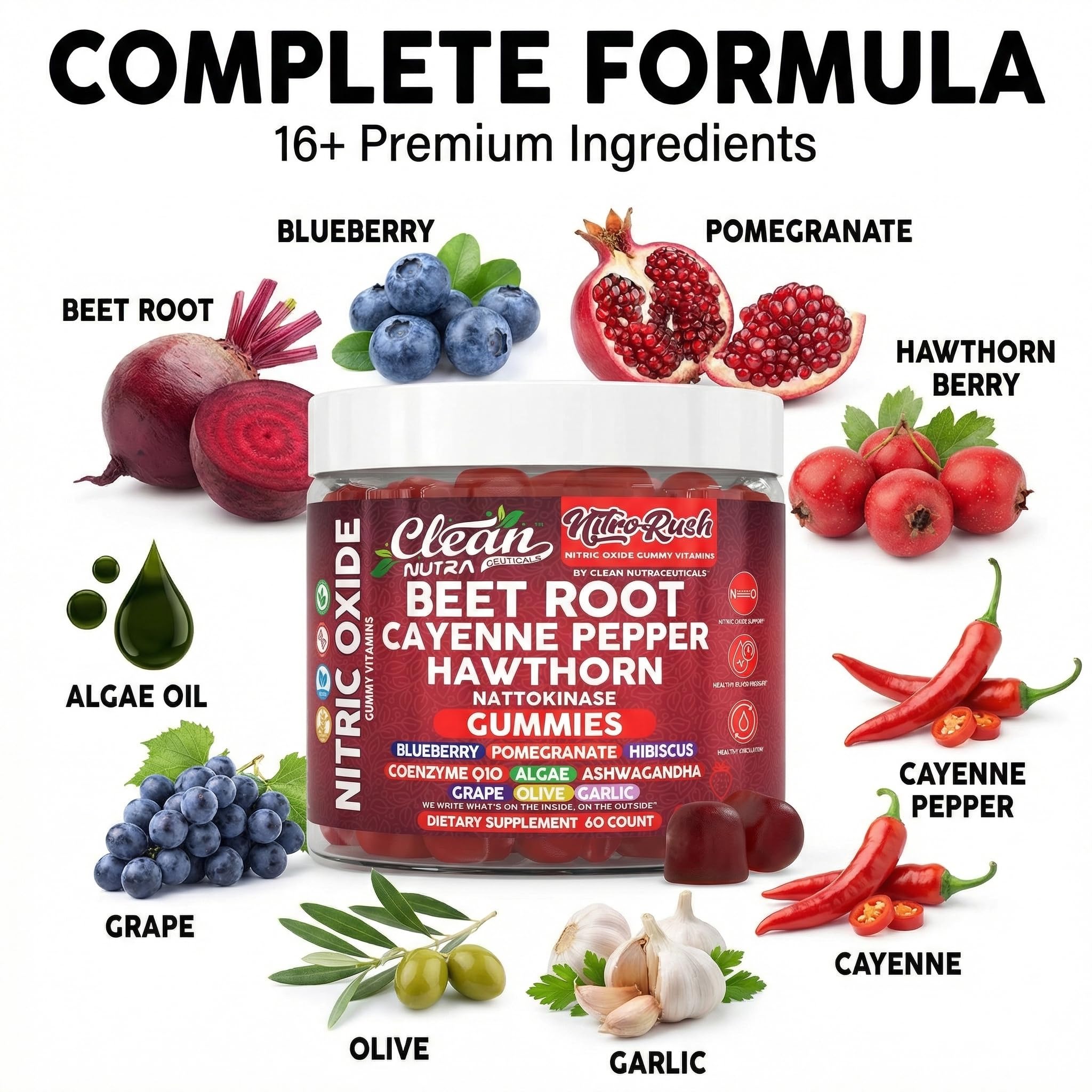 Clean Nutraceuticals ingredientes clave remolacha y cayena sobre mesa