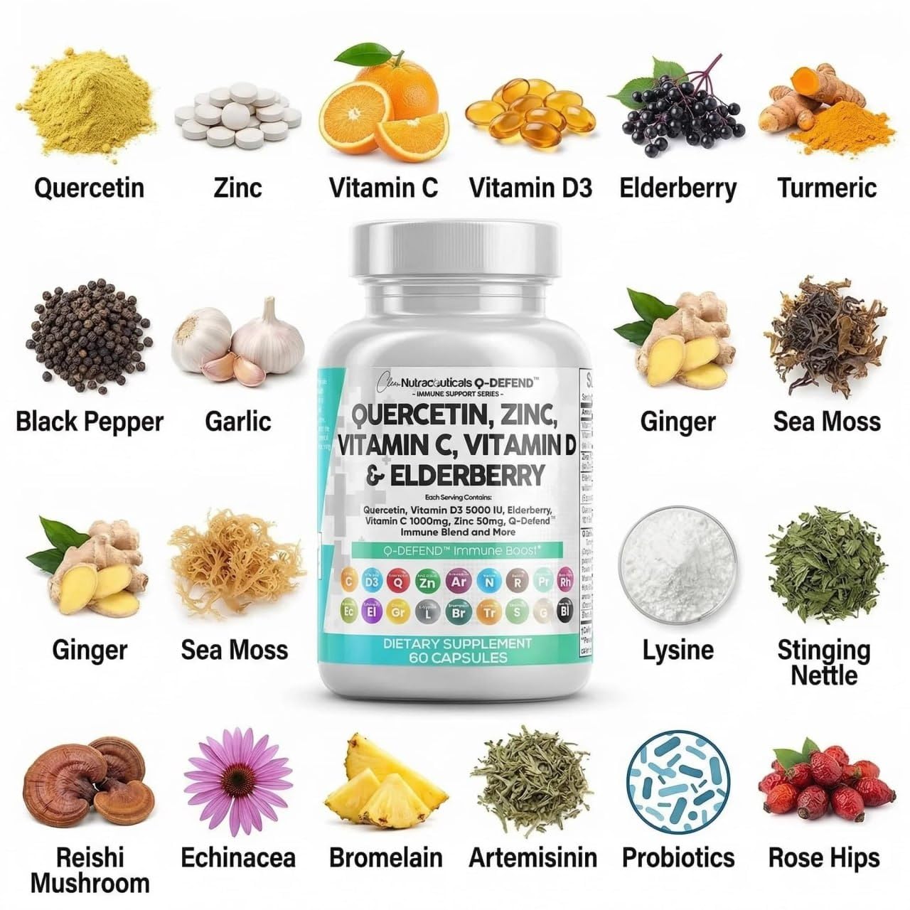 Clean Nutraceuticals ingredientes secos: cúrcuma, elderberry, ajo y jengibre en escena
