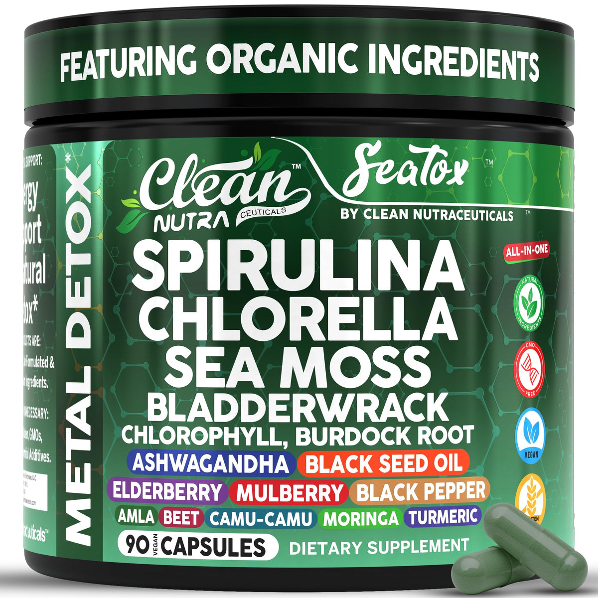 Clean Nutraceuticals frasco delantero mostrando diseño y beneficios visibles